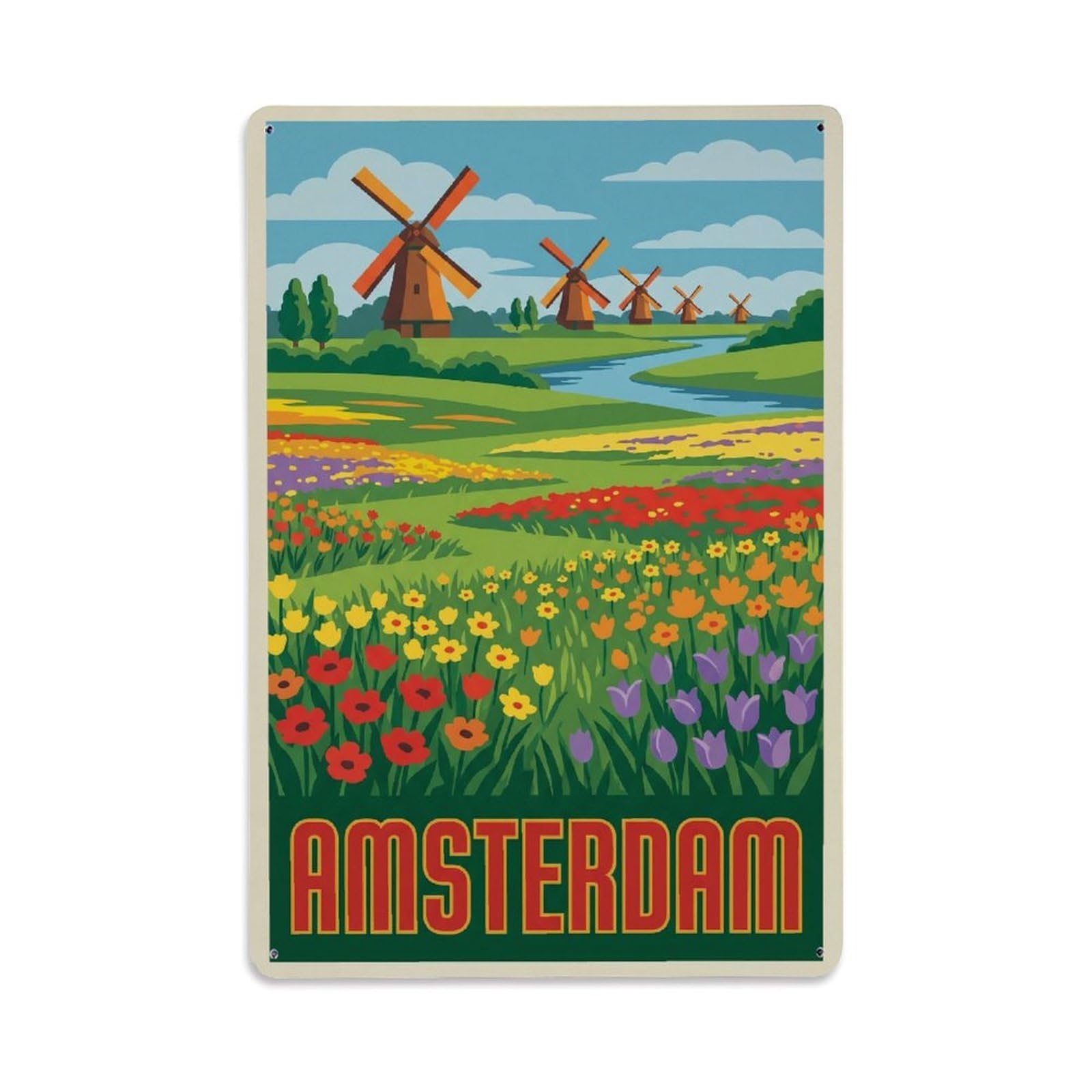Retro Meadow Landscape Amsterdam Pastoral Travel Polder Metal Tin Sign Plaque Wall Decor for Cafe, Man Cave, Club Bar, Office, Home Garden Round Metal Poster 8x12Inch