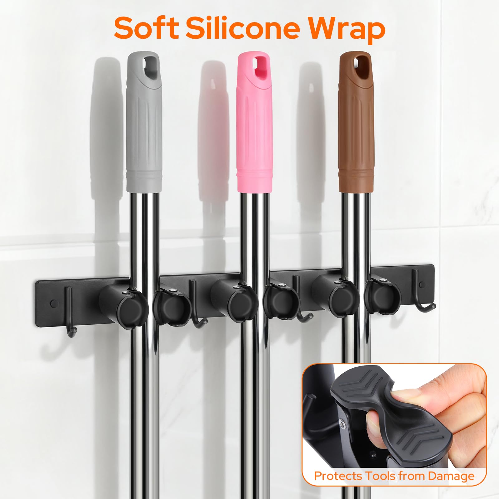 Alyvisun Porta Scope Parete 3 Slot e 4 Ganci, Portascope da Muro, Appendiscope da Muro con Clip in Silicone Antiscivolo per Casa, Garage e Giardino - Nero