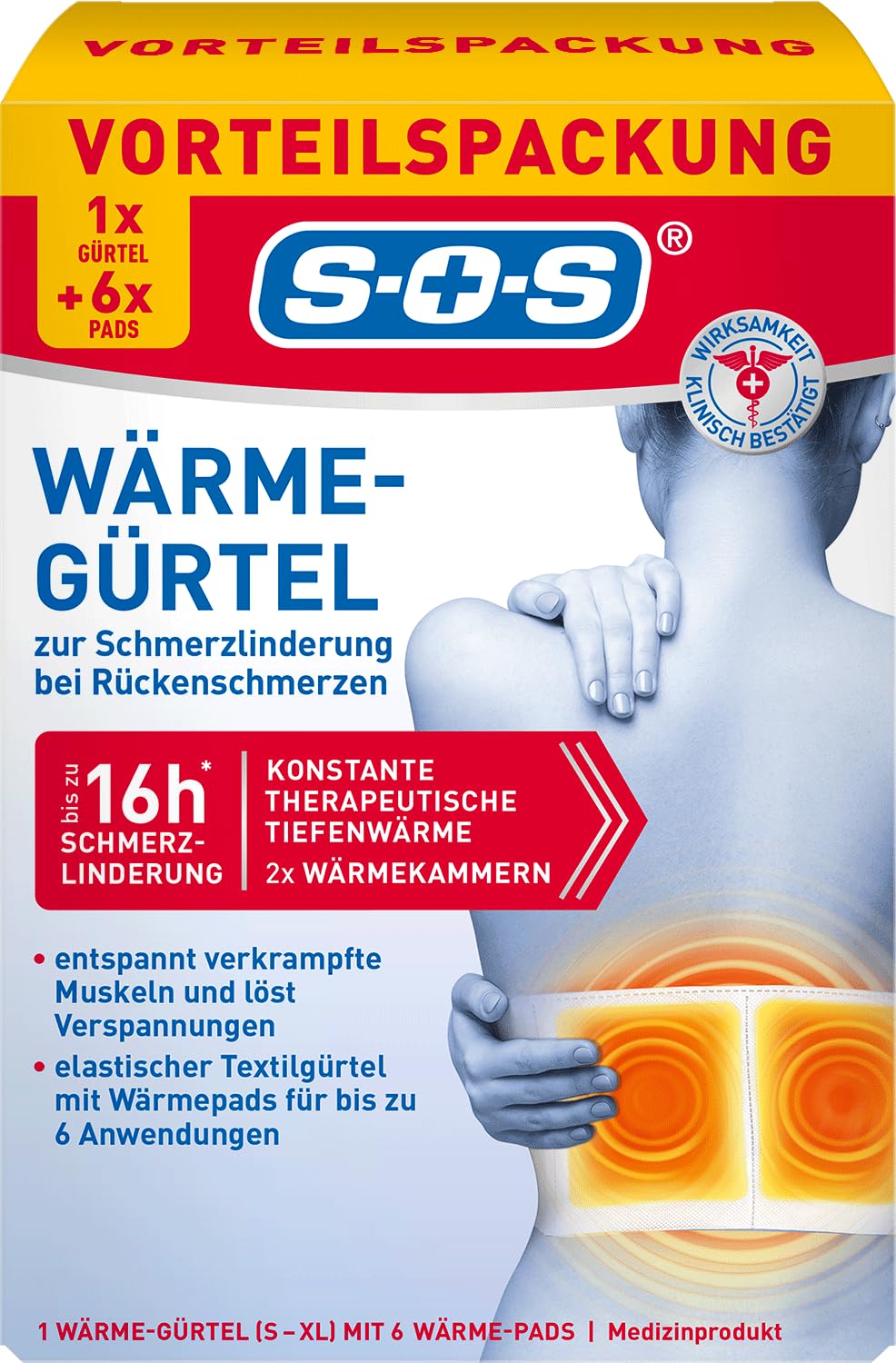 SOS Wärme-Gürtel (1x Wärme-Gürtel + 6 Pads) Rückenwärmer zur Schmerzlinderung bei Rückenschmerzen - wärmender Hüftgürtel für verkrampfte Muskeln & Verspannungen