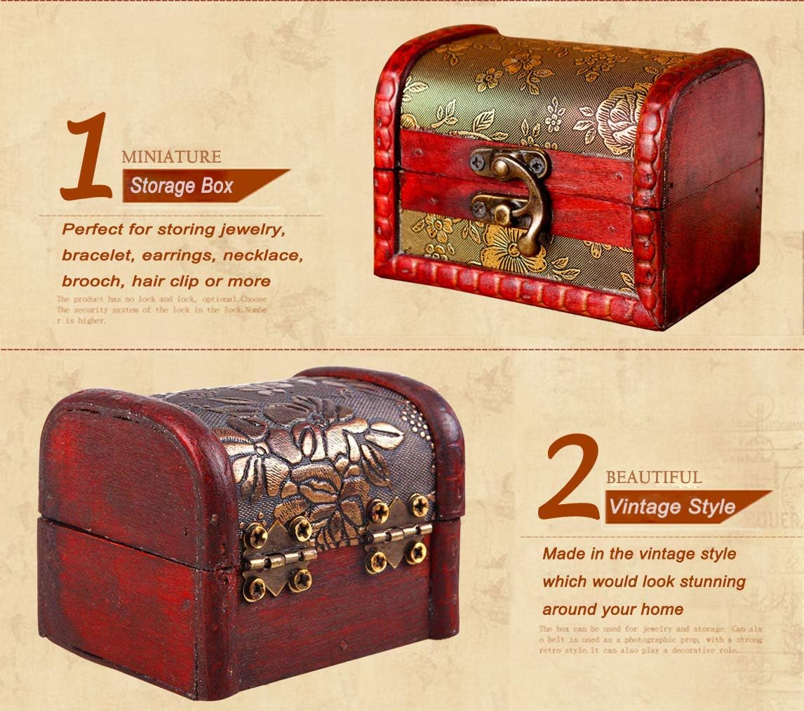 3Pcs Vintage Handmade Treasure Lock Small Wooden Box, Jewelry Pearl Necklace Bracelet Storage Holder Wooden Case Gift Box(3 Mixed Patterns)