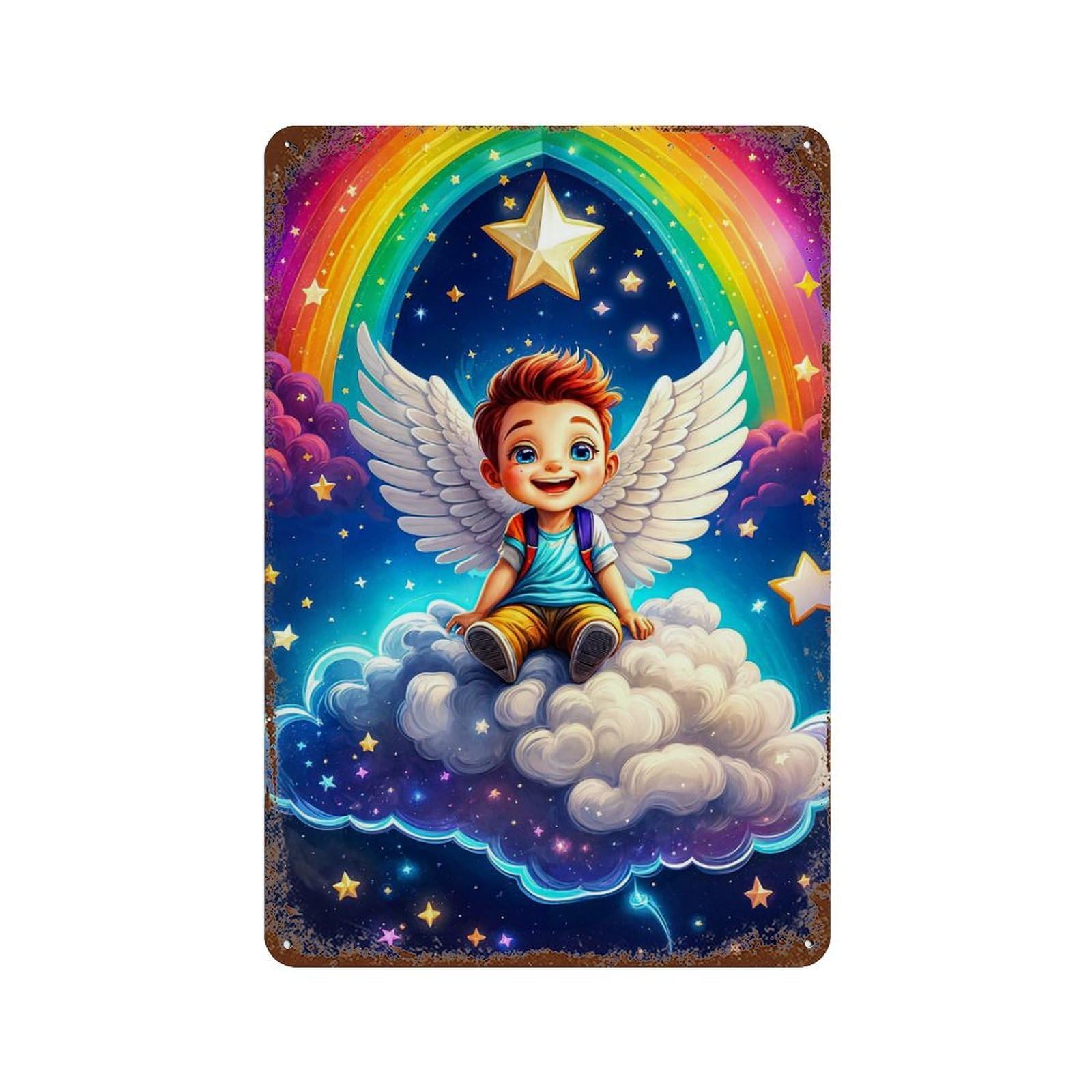 Vintage Metal Tin Sign with Fairy Rainbow Boy Design 11.8"x7.9", for Living Room, Hallway And Home Decor, Retro Wall Decor