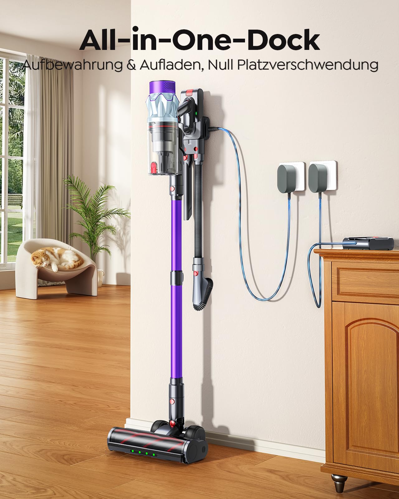Akku Staubsauger 600W/50kPa/65Min, Staubsauger Kabellos mit 1M Schlauch, Aromatherapie, Wandladestation, Staubbehälter-Schaber(1,5L), Automatikmodus, für Tierhaare Teppiche Hartböden Auto