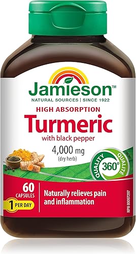 Jamieson Cúrcuma de curcumina de alta absorción con pimienta negra 4.000 mg (hierba cruda), 60 cápsulas