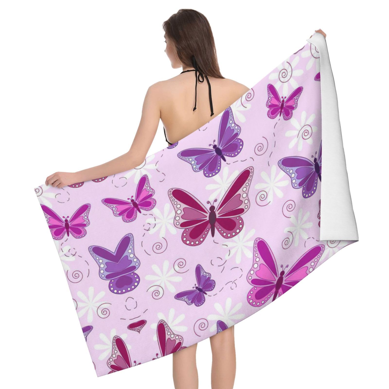 Serviette de bain microfibre ultra absorbante papillon rose