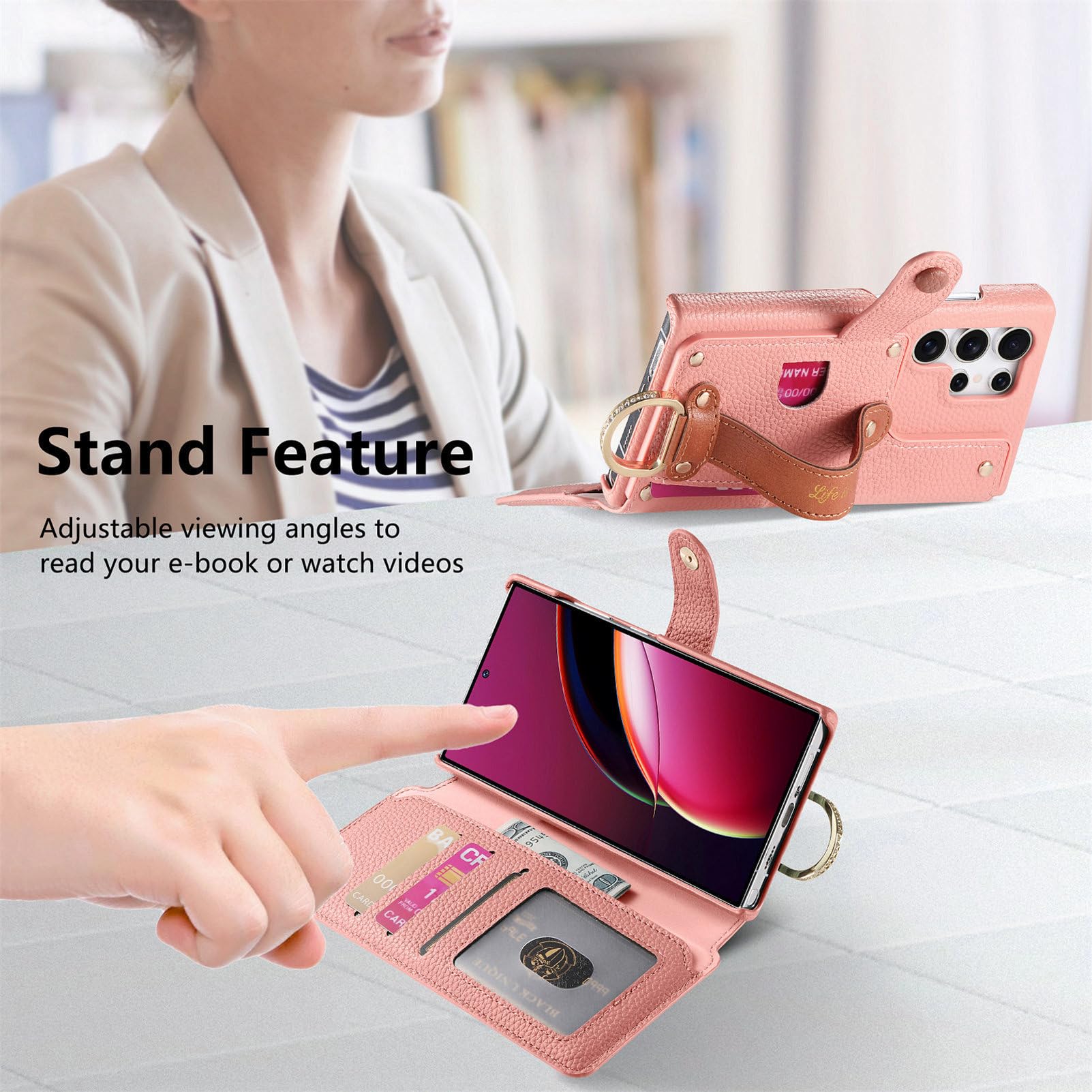 Etui z paskiem na nadgarstek do Samsung Galaxy S26 Ultra/S26+/S26, brokatowy portfel z fakturą liczi, etui z klapką i stojakiem ochrona RFID, niebieski, S26+