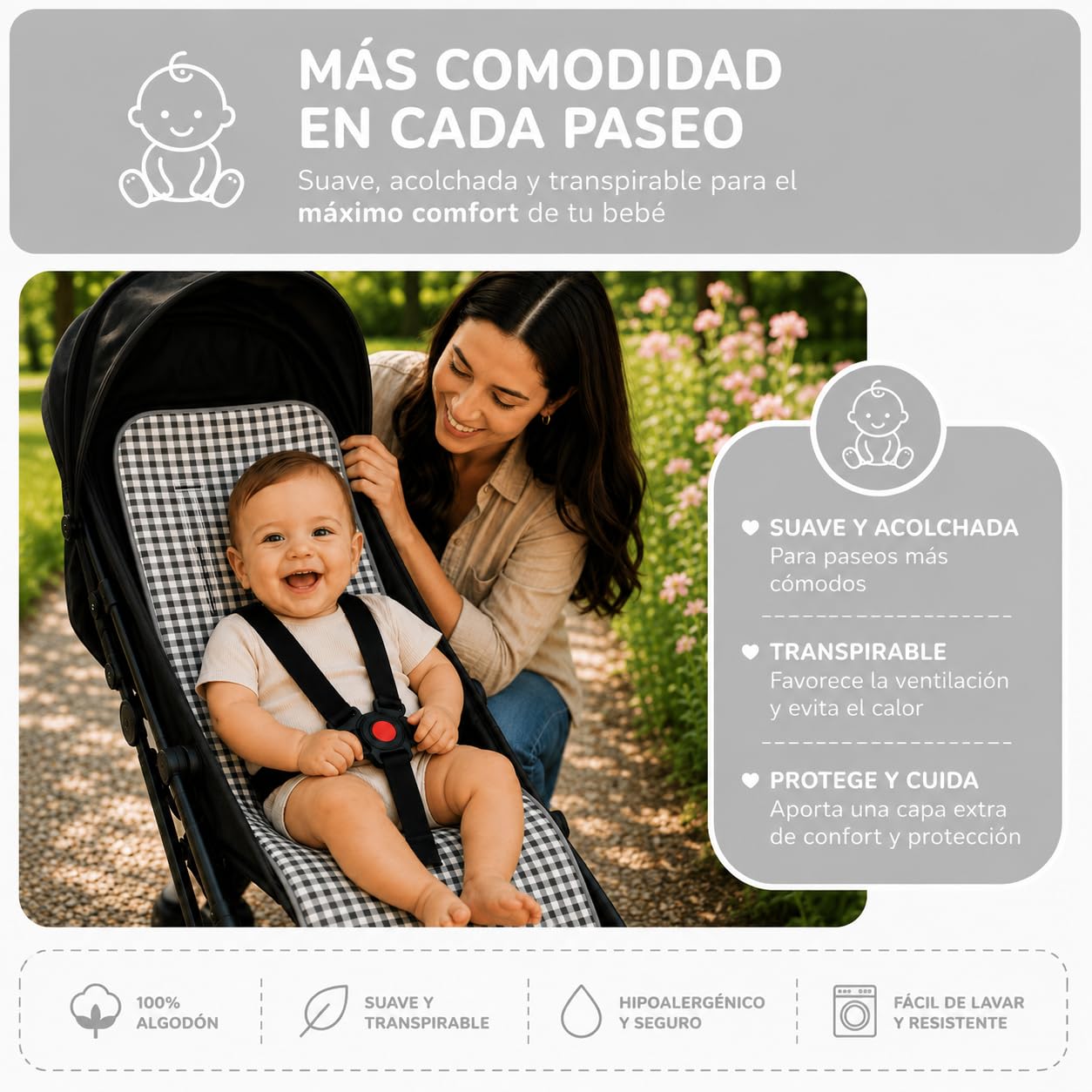 Colchoneta Silla Paseo Universal Verano Funda Carrito Bebe 100% Algodon Transpirable Reversible Apta Silla Inglesina Suave Carro Bebe Altura Ajustable Hombros y Cintura Antideslizable (Vichy Gris)