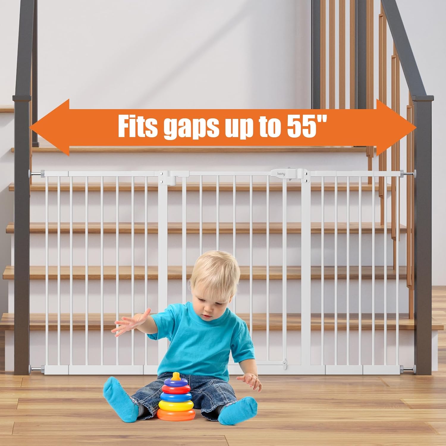 keny 29"-55" Extra Wide Baby Gate, Pressure Mounted No Drilling Dog Gate for Stairs Doorways, Easy Walk Through Safety Gate for Babies or Pets, 30" Tall, White White 29-55"Wide, 30"Tall