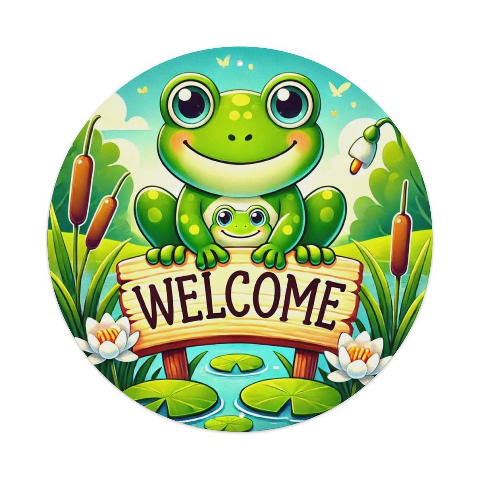 Cute Frog Welcome Sign Pattern Vintage Metal Tin Sign Retro Wall Decor for Home Bar Garage Cafe, Indoor & Outdoor Decorative，circle Metal Poster, 8x8 Inch