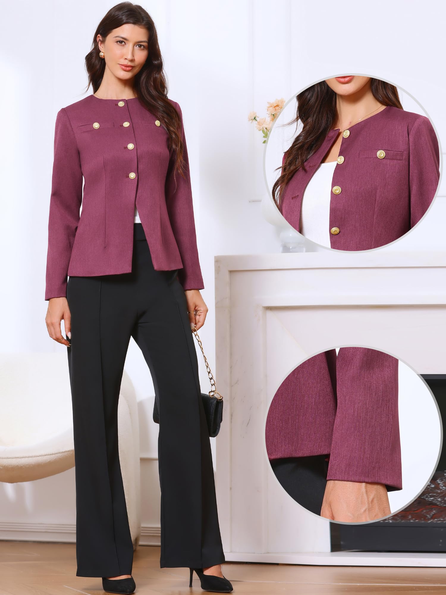 Allegra K Blazer de travail élégant pour femme, sans col, à manches longues, veste d'affaires, costume de bureau