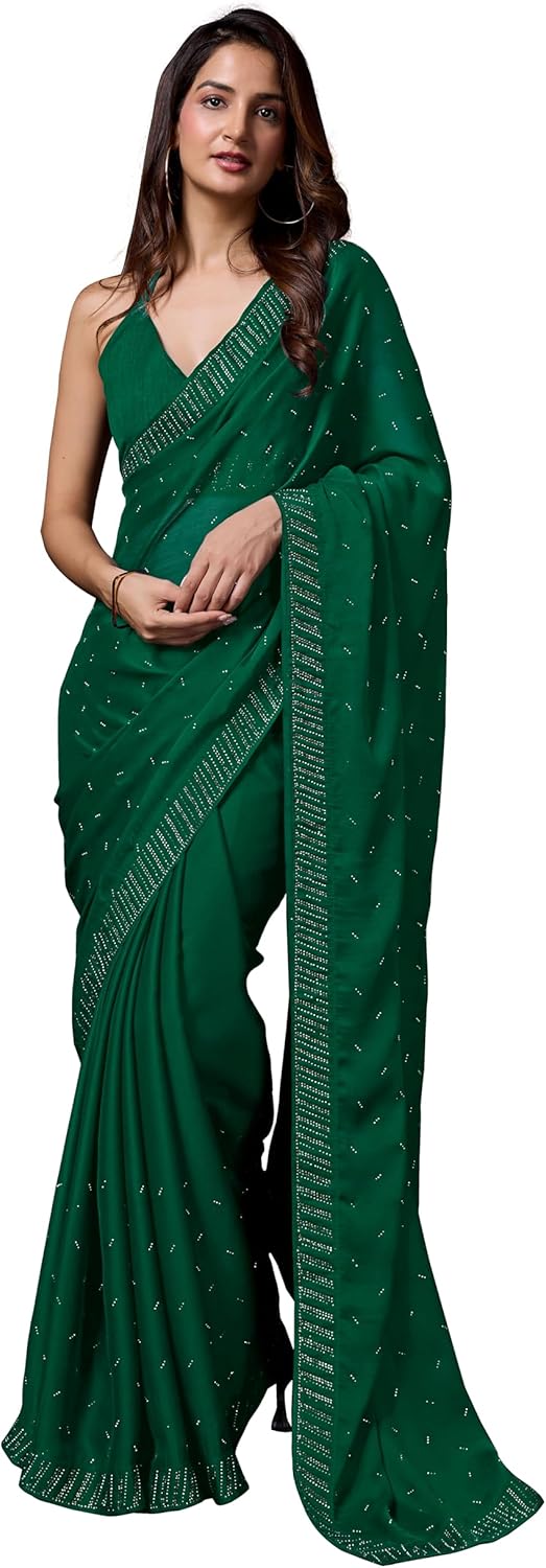 TRENDMALLS Women's Moss Chiffon Siroski work Saree With Unstitched Blouse Piece