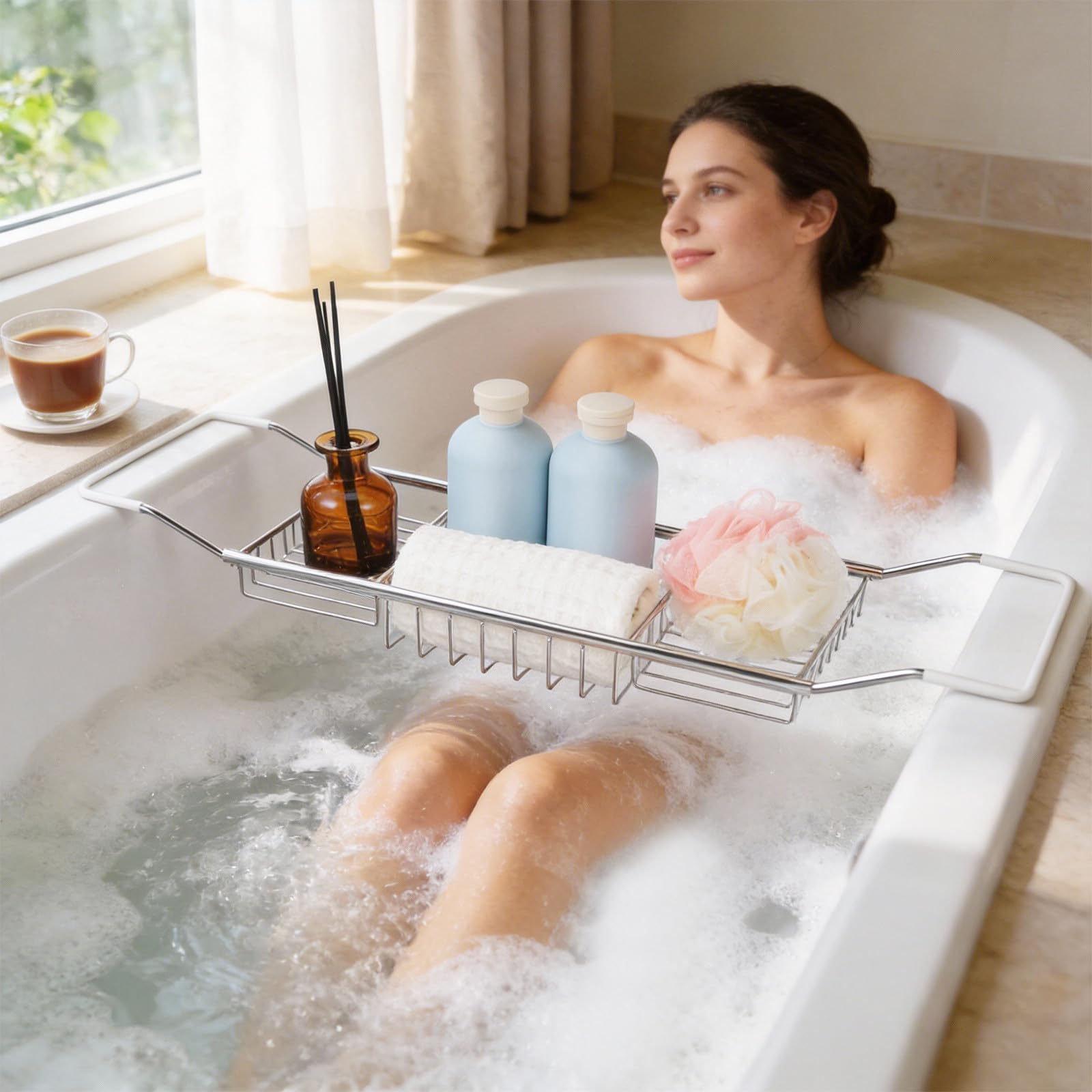 Bandeja de Baño Extensible de Acero Inoxidable Soporte Antideslizante para Bañera, Organizador para, Bebidas y Dispositivos, Adecuado para Uso en Bañeras, Plateado