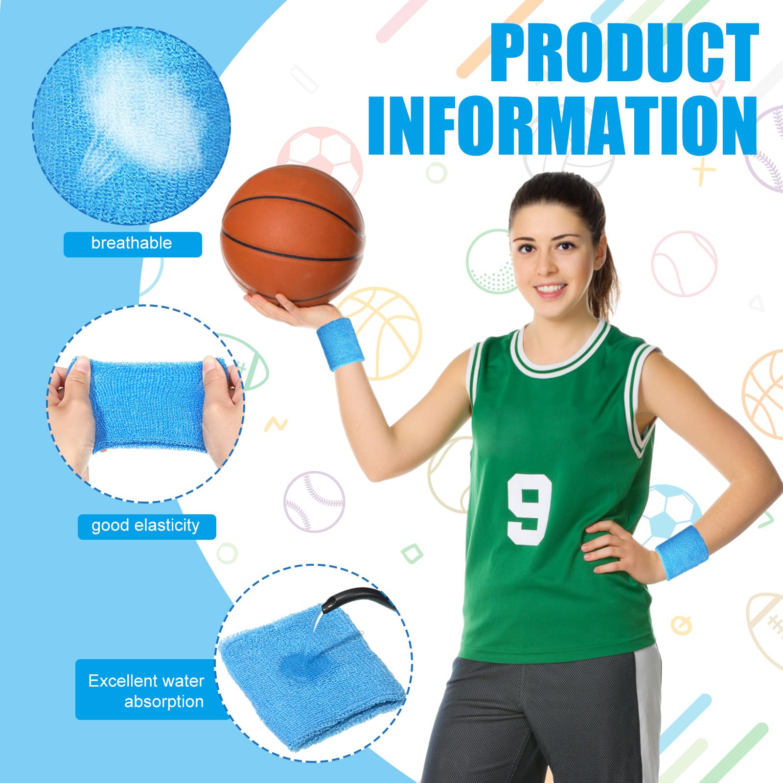Wettarn 24 pares de muñequeras deportivas para baloncesto, fitness, protección contra esguinces, adecuado para hombres y mujeres, toalla absorbente de sudor