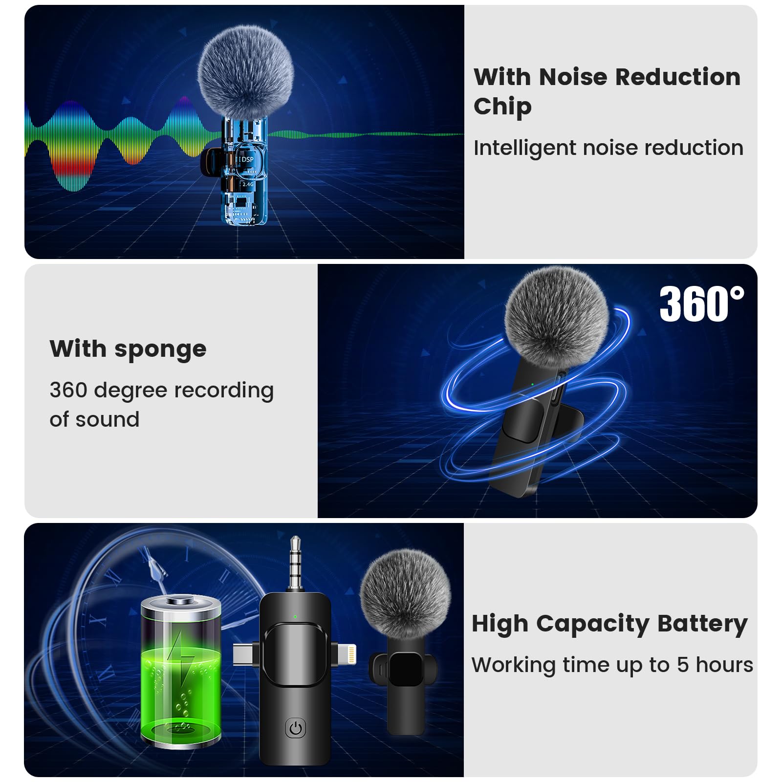 Micrófono Lavalier inalámbrico 4 en 1 para iPhone/USB C Android/cámara/computadora portátil, mini micrófono de 2.4G con retardo ultra bajo con reducción de ruido, micrófonos de solapa inalámbricos 6