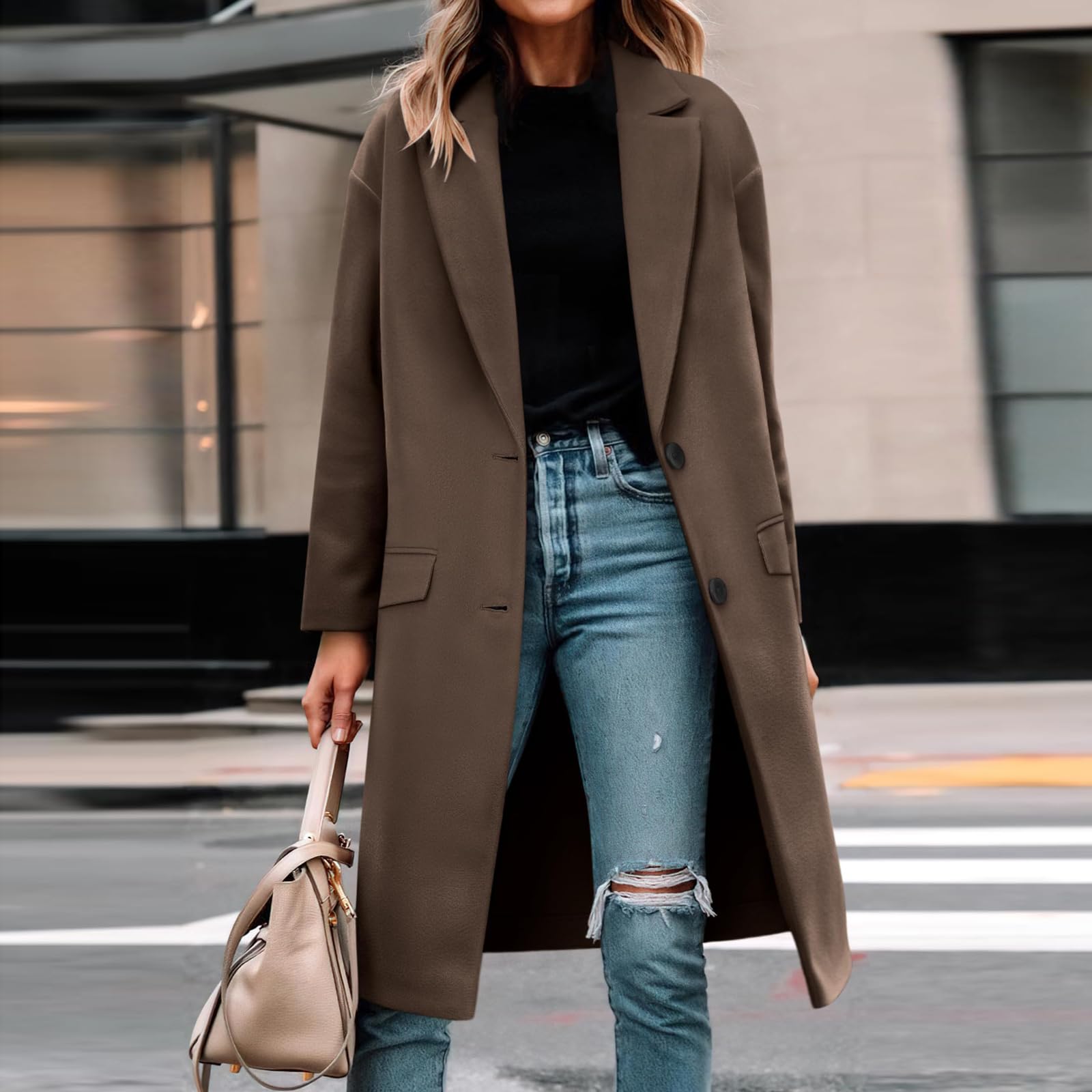 Ansenesna Wollmantel Damen Winter Lang Winterjacke Warm Wolle Wintermantel Elegant Oversize Mantel Frauen Übergangsjacke Ohne Kapuze Damen-Mäntel Mit Knöpfen Übergangsmantel Trenchcoat Wolljacke
