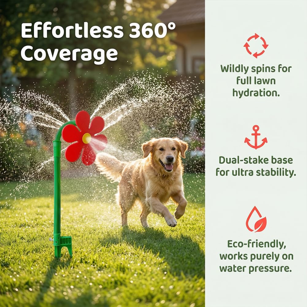 Crazy Daisy - Irrigatore d'acqua Crazy Dancing Flower, divertente palo di girasole rotante a 360° con adattatore, irrigatori spruzzatori per irrigazione del prato, per irrigazione del giardino, cani e