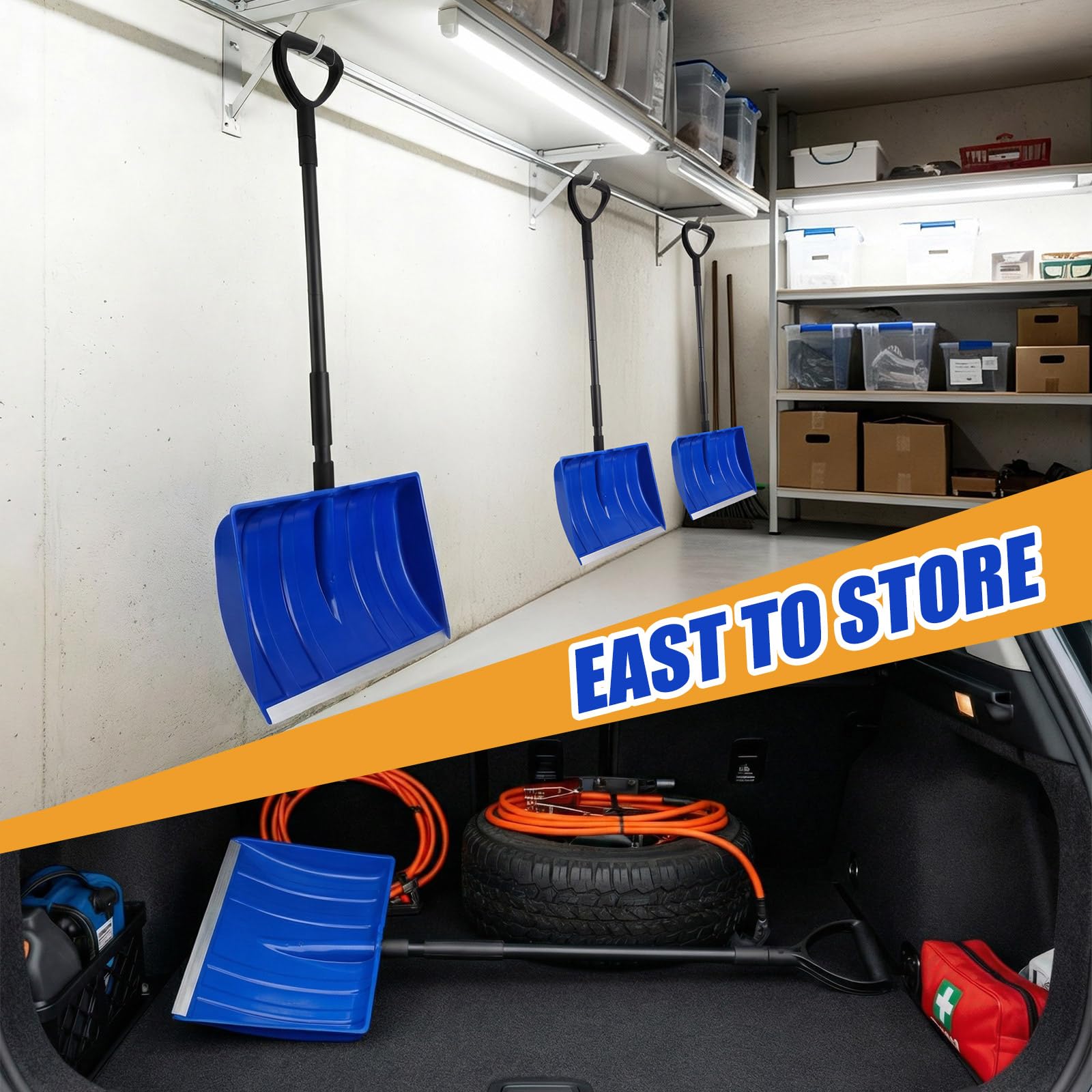 Lasnten 4 pala da neve per vialetto, lunga 122 cm, portatile, grande capacità, con impugnatura a D, in metallo resistente, pieghevole, strumenti invernali per auto, vialetto, casa, garage