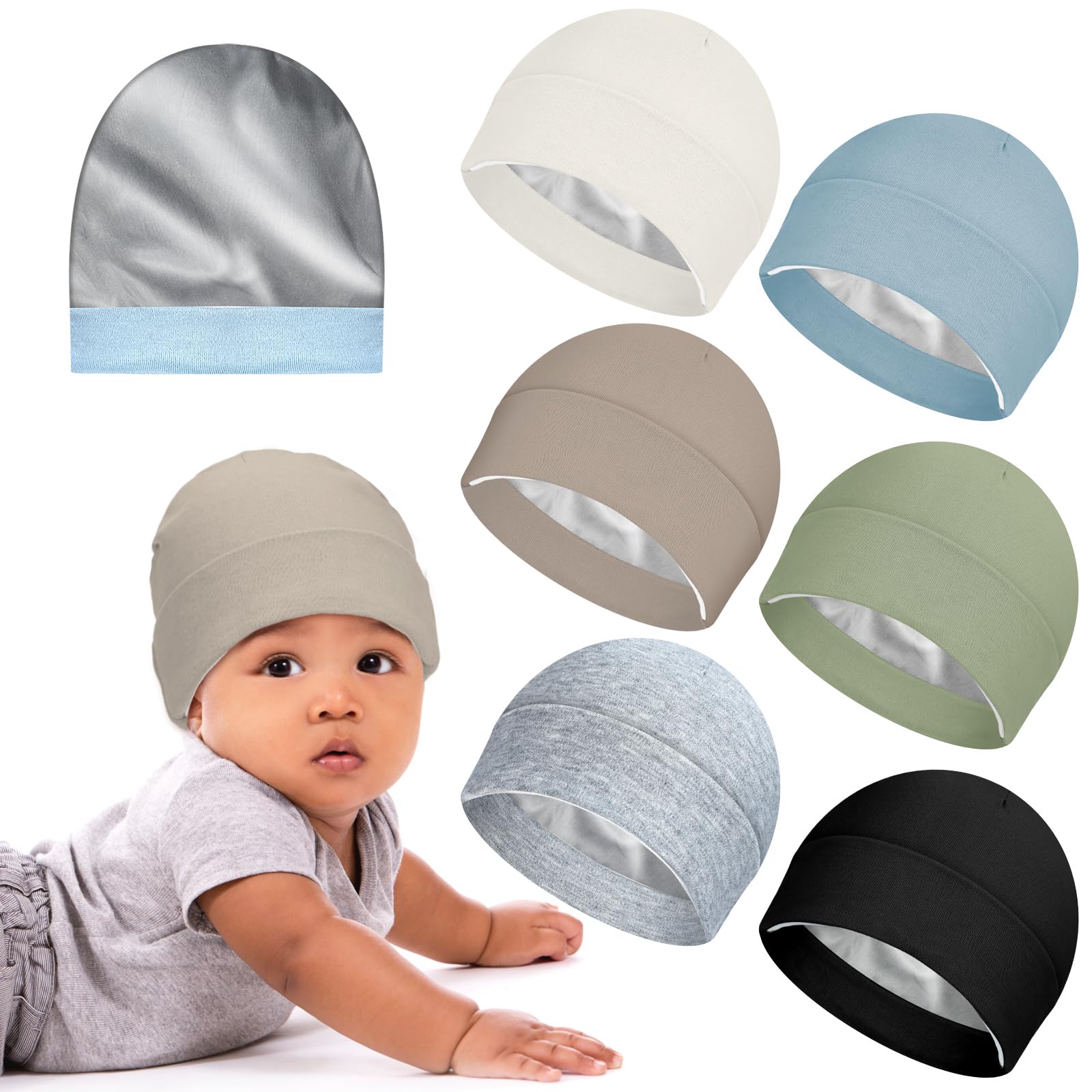 6 Pcs Satin Lined Baby Beanie Newborn