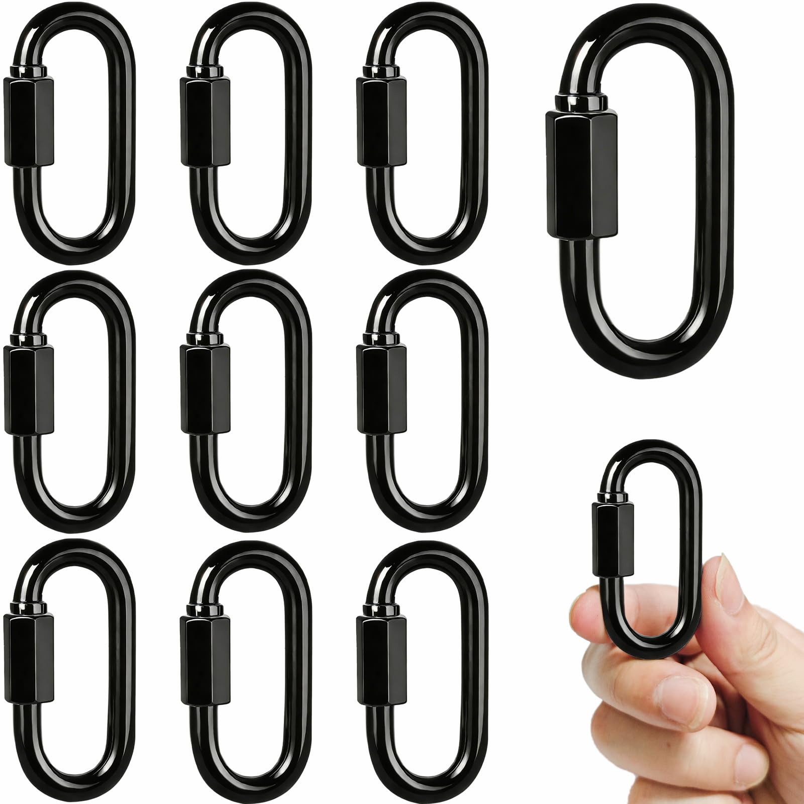 Twours Quick Link Black Chain Link Galvanized Steel Heavy Duty D Shape Locking Carabiner Keychain for Outdoor Traveling Equipment (M6,10pcs)