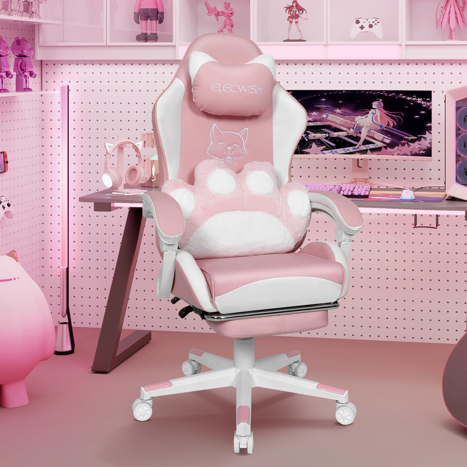 YOURLITE Chaise Gaming Rose Chat,Fauteuil Gamer Ergonomique,Rose et Blanc