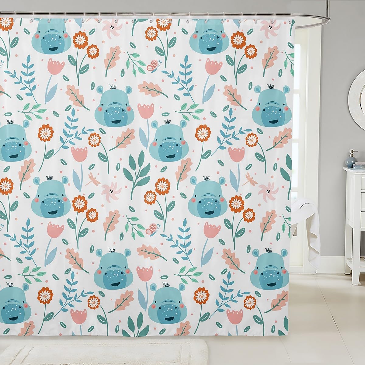 jejeloiu Cute Hippo Shower Curtain 72"x78" Cartoon Animal Bathroom Shower Curtain Set Hippopotamus Bath Curtain Floral Flower Kids Bathroom Accessories