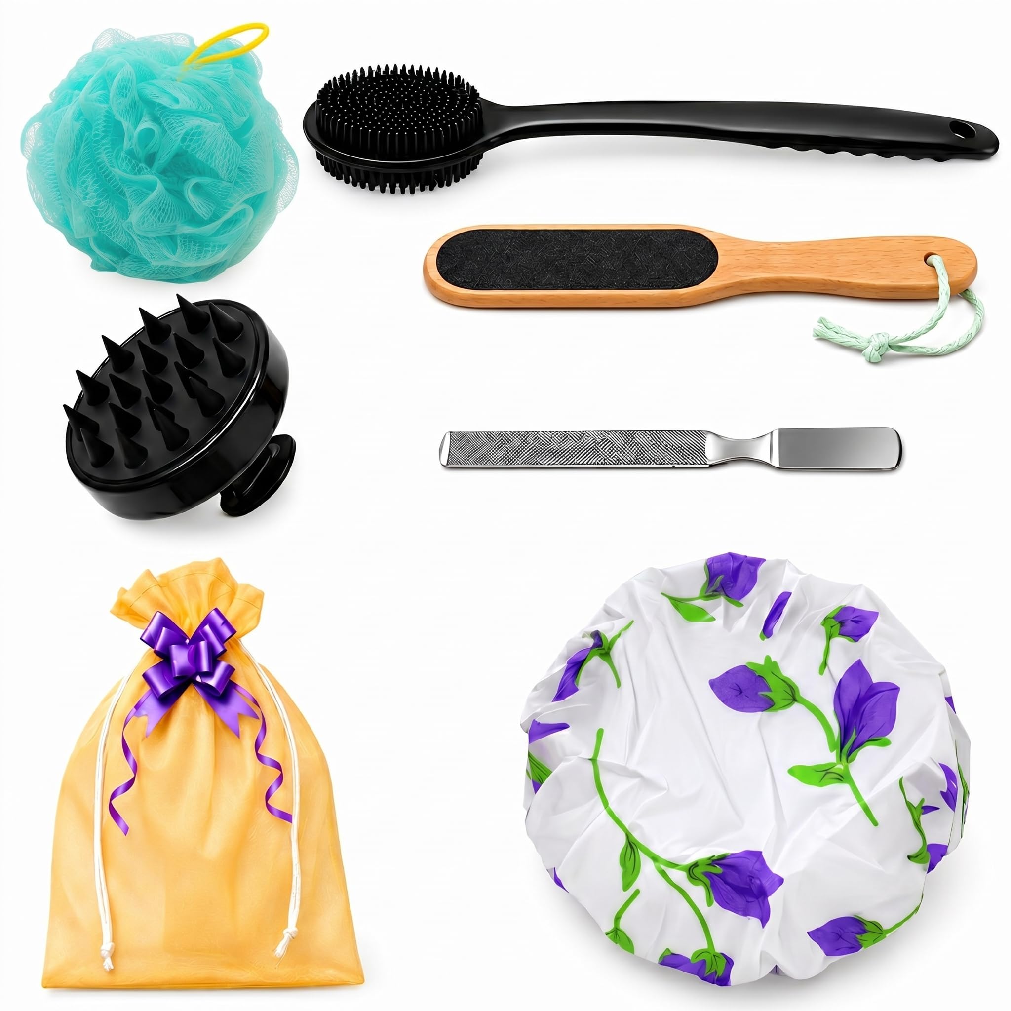 5-in-1 Bathing Kit for Women | Bath Accessories Set with Silicone Body Scrubber for Bathing Long Handle, Bath Shower Sponge Turquoise Loofah, Wooden Foot File Scrubber, Scalp Massager & Stainless Steel Nail Filer | Self Care & Spa Gift Set with Drawstring Pouch-image-28