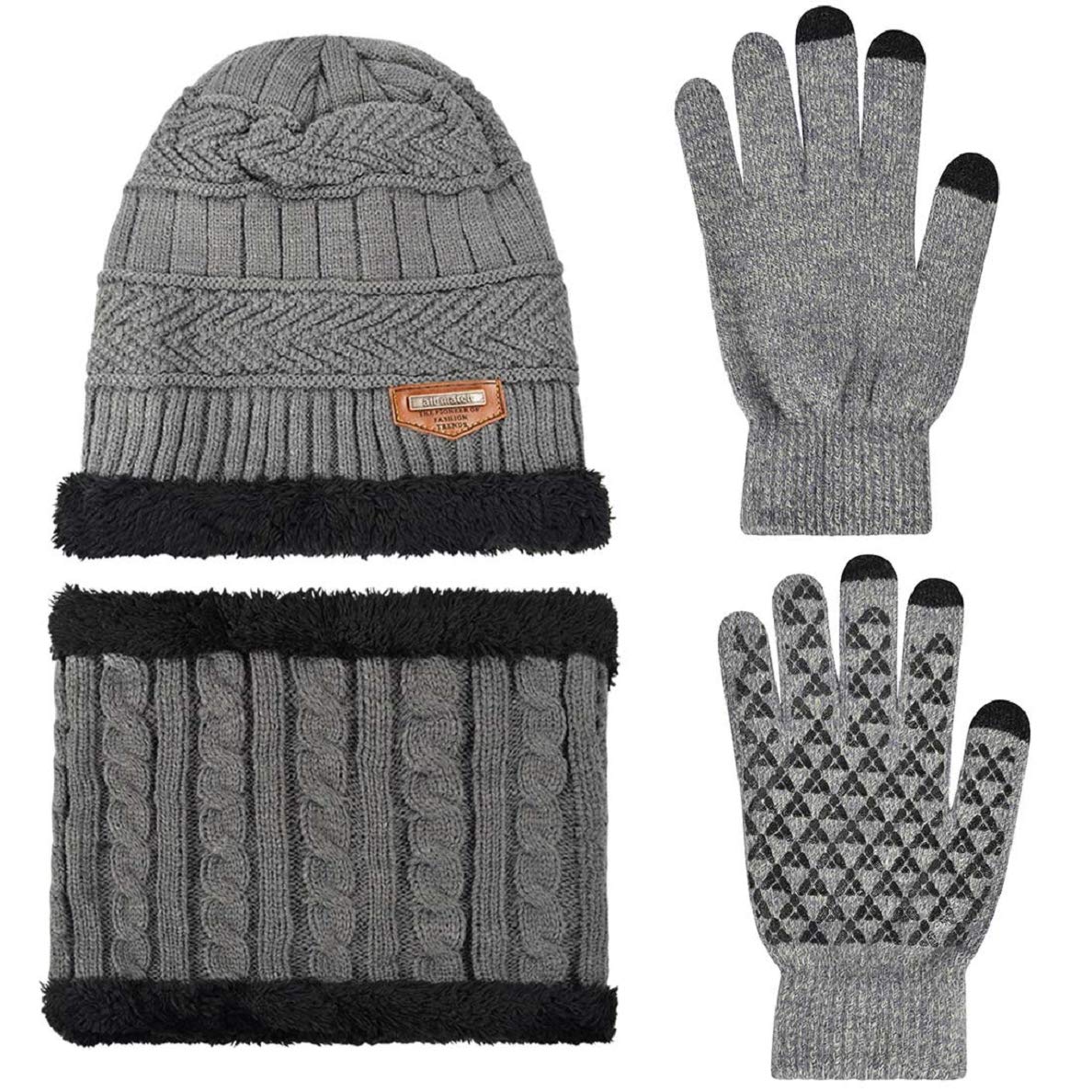 Voqeen Gorras Invierno con Bufanda y Suave Unisexo Beanie Encantador Invierno Guantes Táctiles Antideslizante 3 en 1 de Punto Sombreros Conjunto para Mujeres y Hombres Invierno Regalos(Gris)