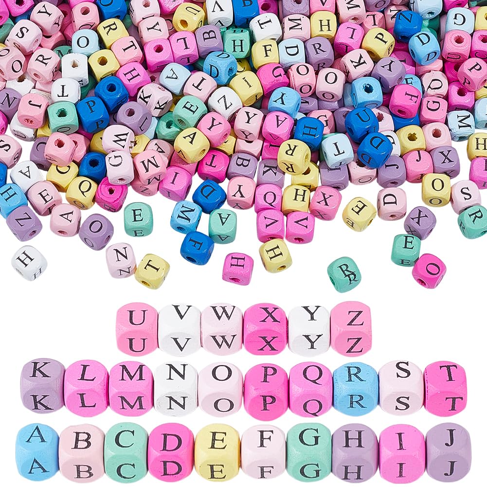 PONABEADIY 600PCS 10x10x10MM Large Hole Cube Wood Beads with Initial 26 Letters Natural Square Alphabet Wooden Colourful Printed Loose Spacer Bead for Jewellery Making Bracelets Necklaces DIY Crafts โ image 1