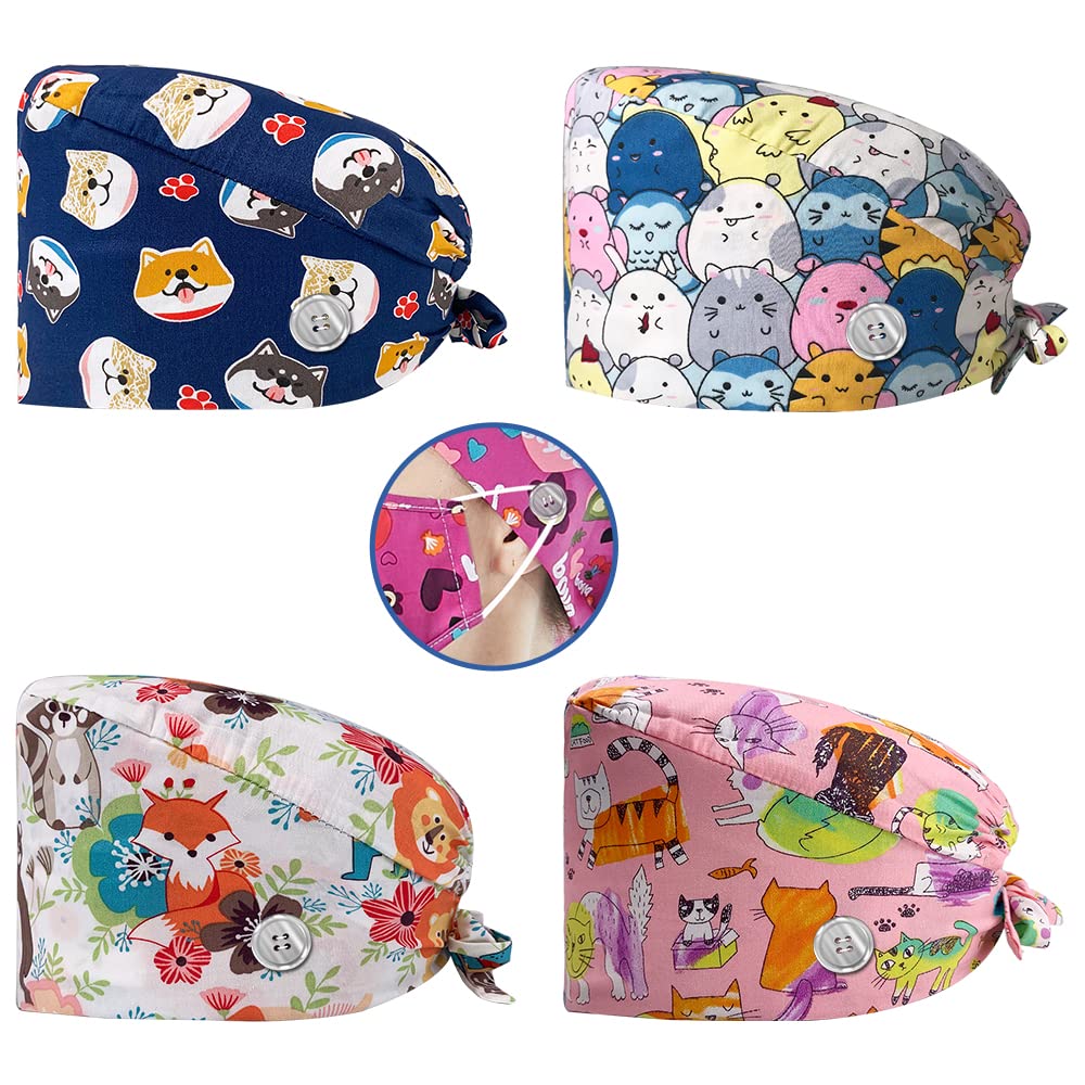 VIAOLI 4 Pieces Breathable Working Hat with Button & Sweatband Surgical Scrub Hats Nursing Head Covers for Women Men (12212-12309-12315-12298)