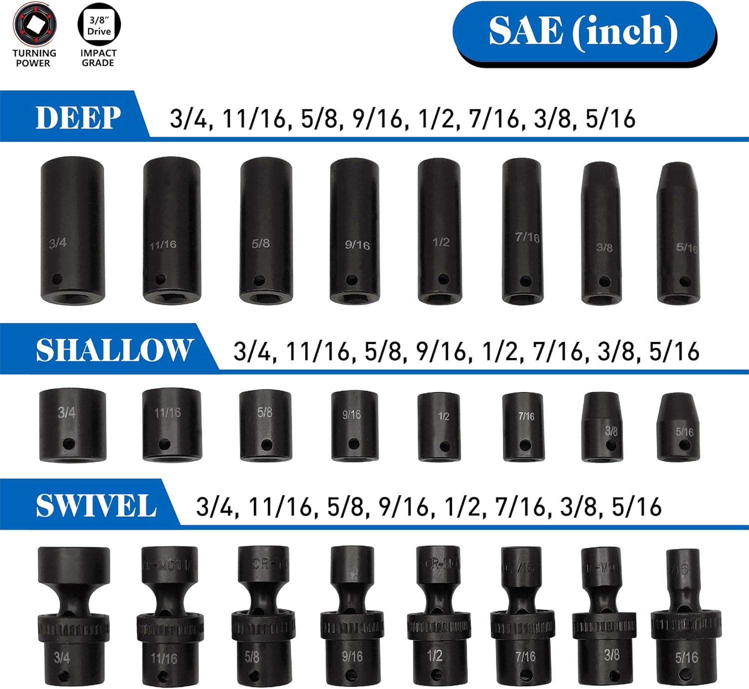 MacWork 67 Pieces 3/8“ Drive Impact Socket Set, SAE and Metric Sockets, CR-V & CR-Mo, Complete Socket Set with Shallow, Deep & Swivel Sockets, Includes Ratchet, Extension Bars & Adapters
