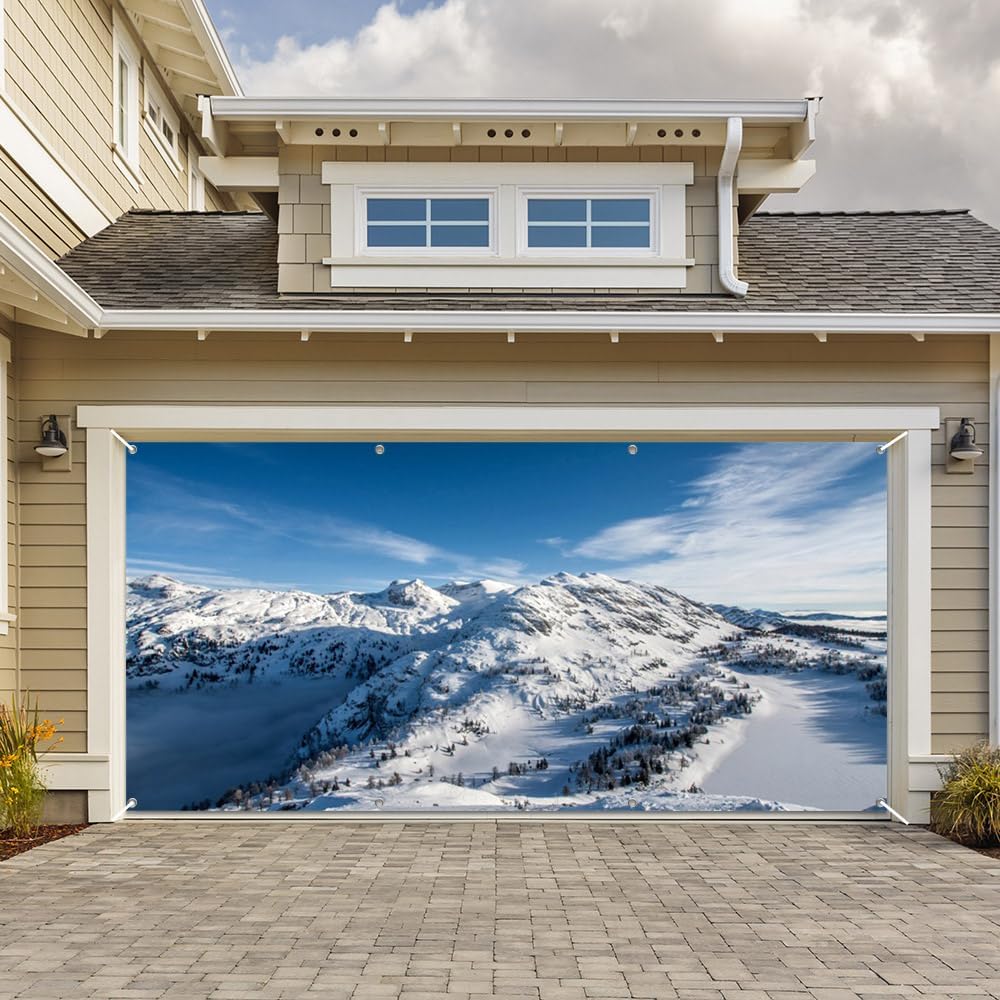 Leowefowa Winter Wonderland Snowflakes Garage Door Decorations Banner 6x8ft Abstract Blue Stars Snowflakes Garage Door Cover for Holiday Indoor Outdoor Large Background