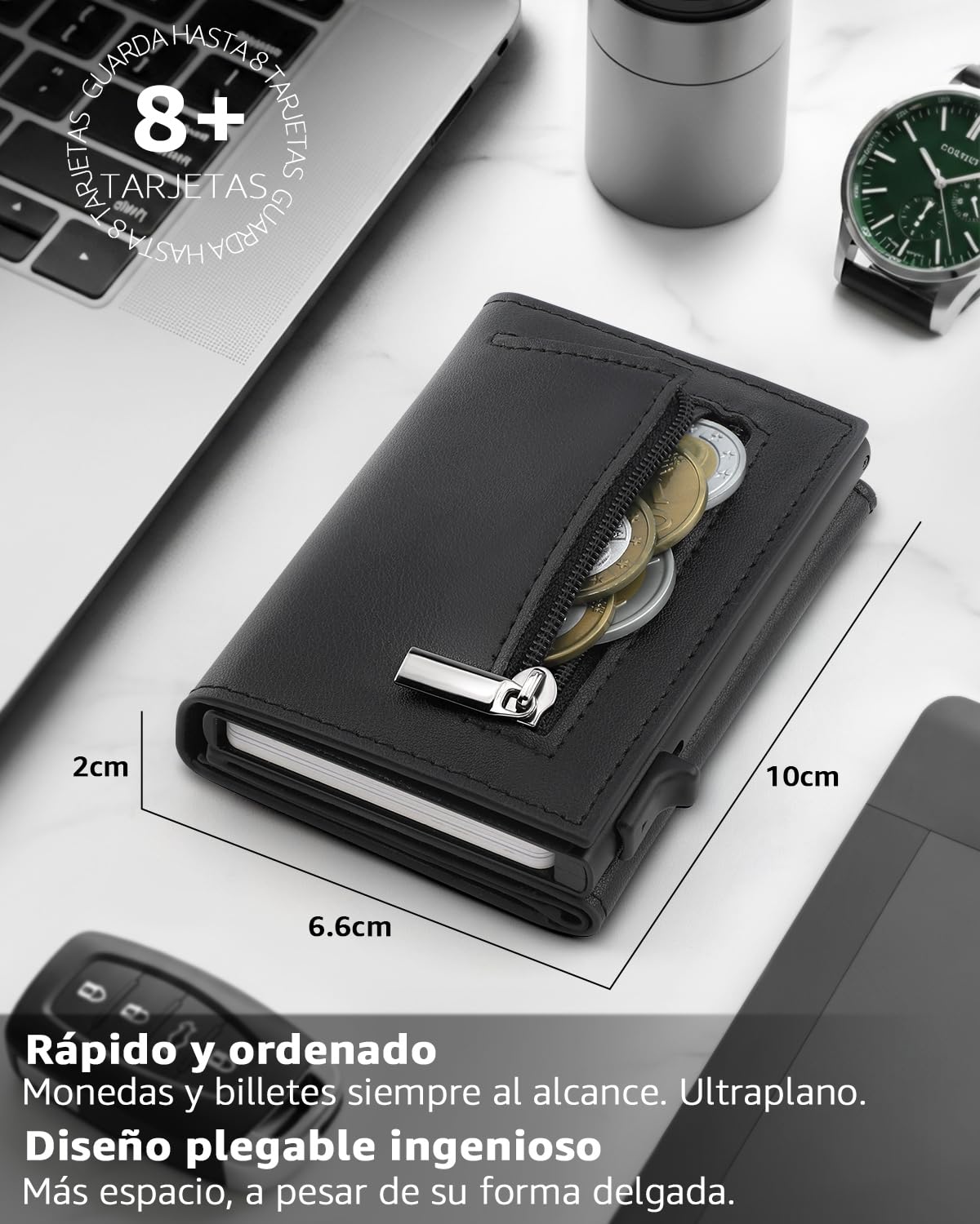 TEEHON Cartera Hombre de Cuero con Cierre Magnético, Tarjetero con Bloqueo RFID, Cartera Tarjetero Hombre pequeño para Crédito, Billetes y Monedas con Caja de Regalo, Negro