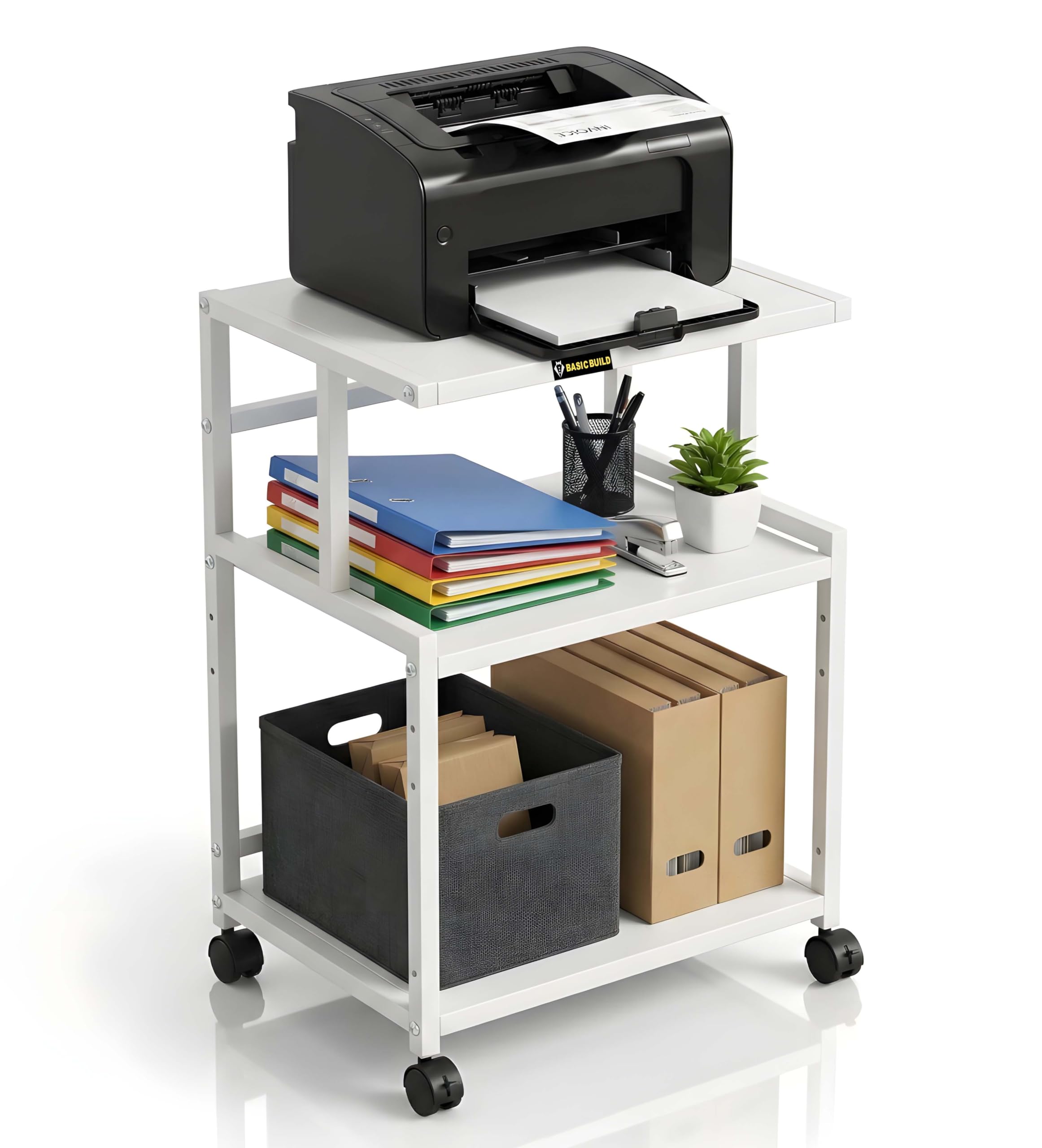 Basic Build Premium Metal Iron White Printer Stand with Wheels – Heavy-Duty & Stylish Storage for Printers, Files, and Essentials – Durable, Modern & Perfect for Homes & Offices-picture-10