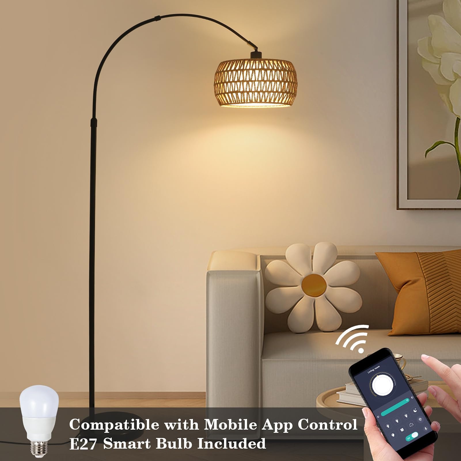 Rayofly Lampada ad arco per soggiorno, lampada da terra boho con paralume in rattan, lampada da terra vintage con telecomando e lampadina a LED, controllo app, dimmerabile, per camera da letto