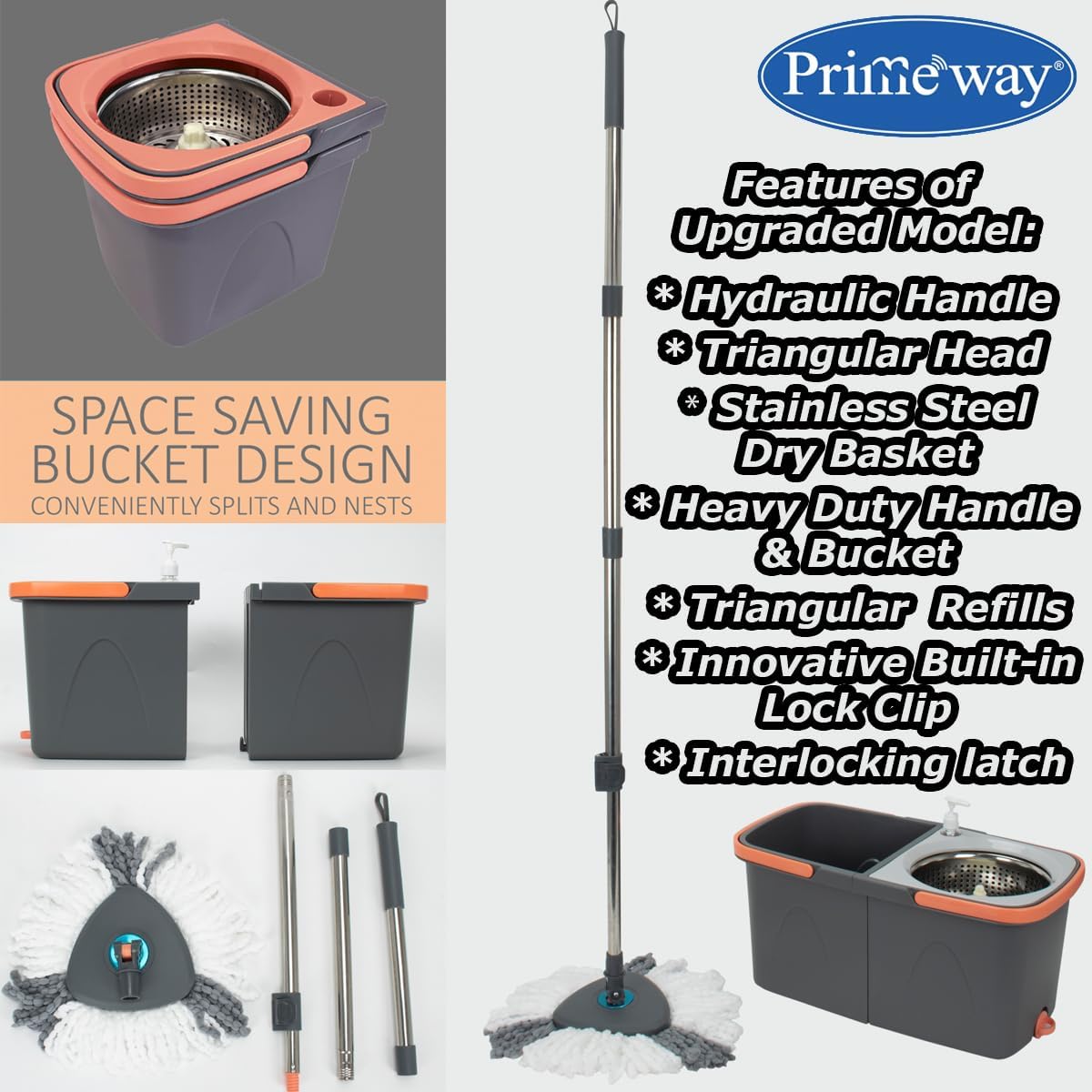 Primeway® SS Twin Bucket Rotating Spin Mop with 2 Microfiber Refills | Floor Cleaning Stick | Mopping with Clean and Dirty Water separatation | 6 LTR | Grey (Advanced_Triangular_SS_Hydraulic) 4