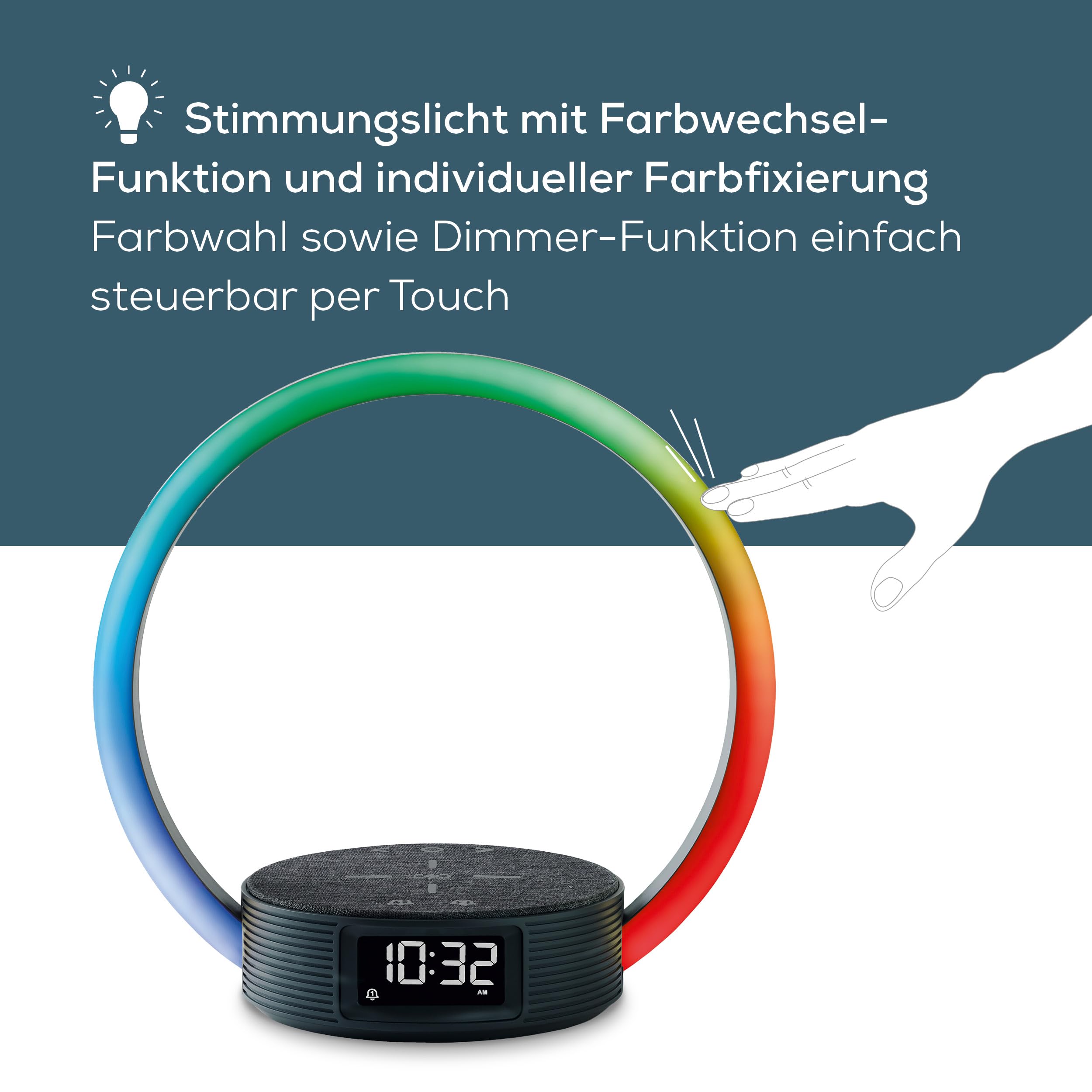 Beurer WL 65 Wake Up + Charge Lichtwecker, Nachttischlampe mit Ladefunktion für Smartphones, Wecker mit Simulation des Sonnenaufgangs für sanftes Aufwachen, dimmbares Nachtlicht mit Farbwechseloption