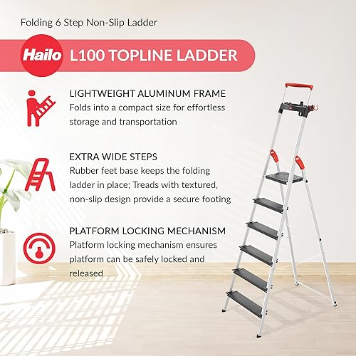 Miniatura 3 de Hailo L100 Pro  Escalera plegable de aluminio  Seis escalones  Riel de seguridad extensible  Bandeja de almacenamiento multifuncional integrada