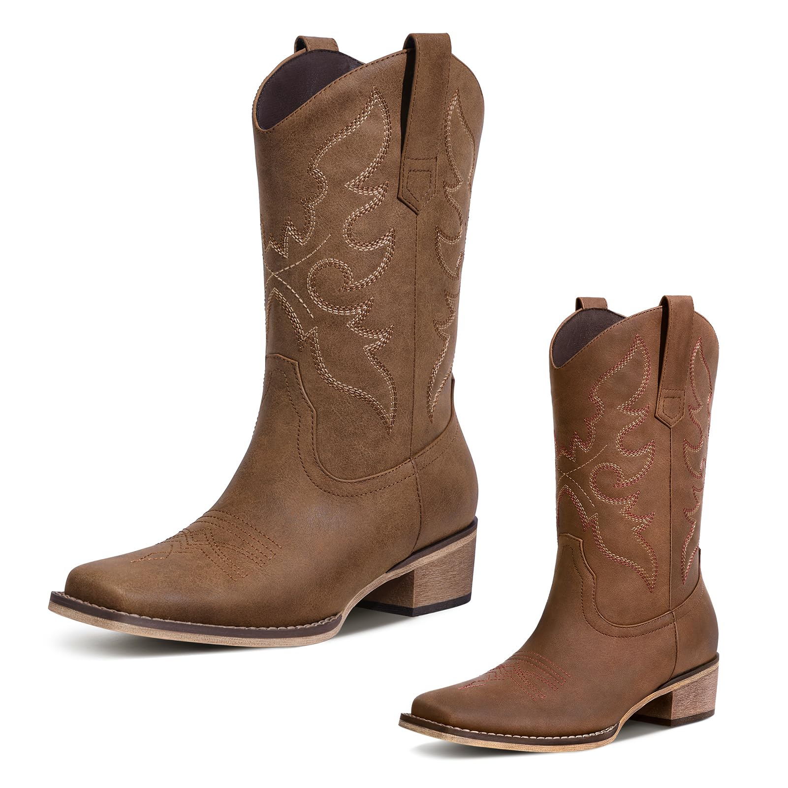 Cowboy Boots for Women Square Toe - Mid Calf Cowboy Boots for Women Ladies Cowgirl Boot Embroidered Pull
