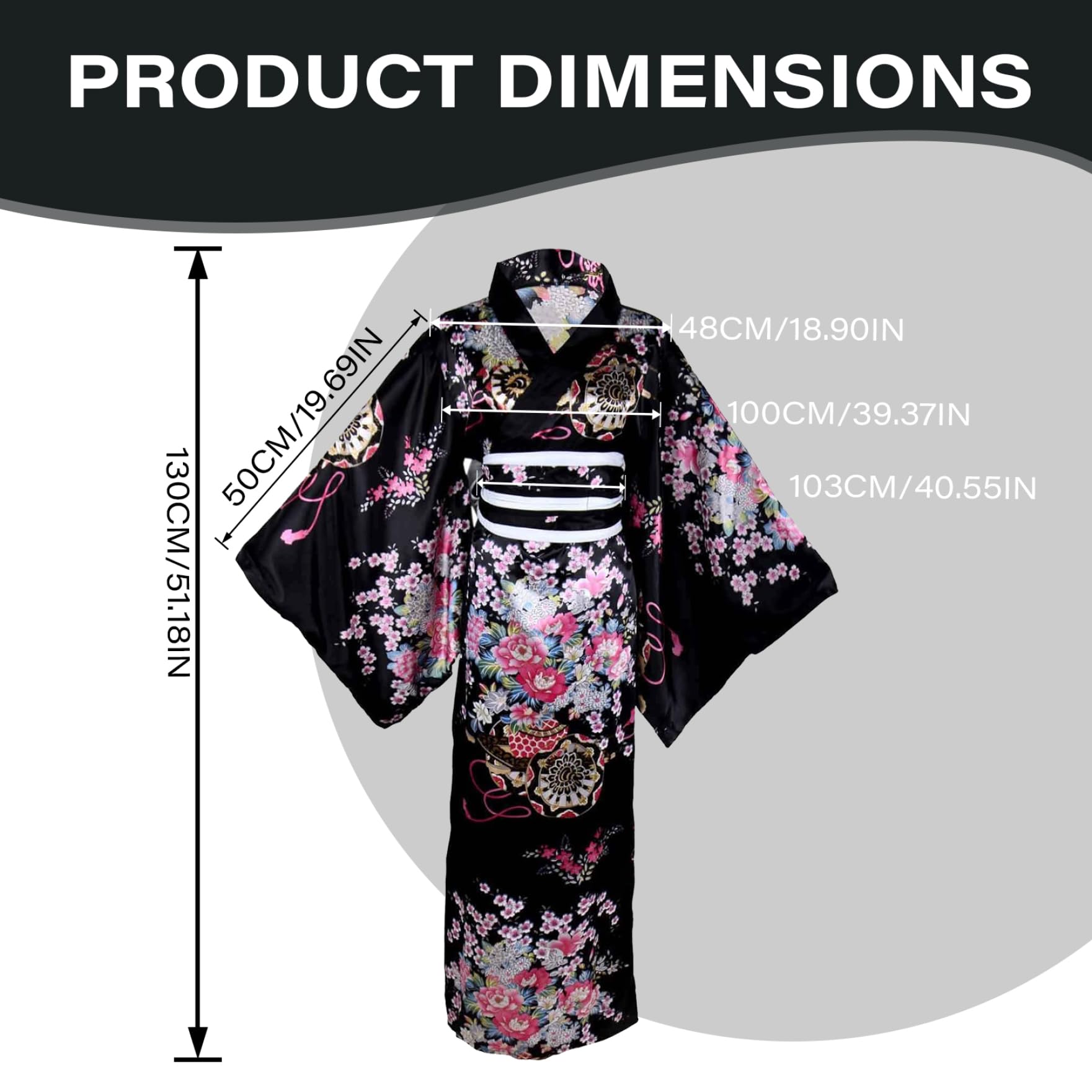 Kimono Japonais Yukata Pour Femmes Motif Floral Silky Confortable Adapté À La Peau Avec Une Ceinture Kyoto Banc De Fleur (Noir)