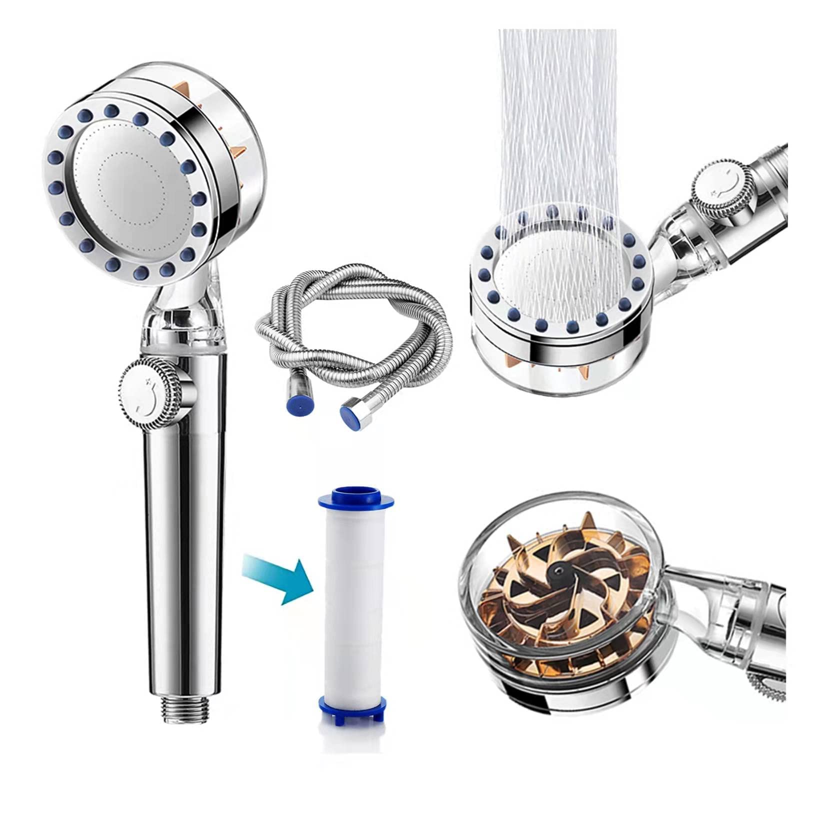 KASTWAVE Shower Head, Shower Head with Hose, Handheld Turbocharged Pressure Propeller Shower, Turbo Spa Massage Shower Head, Easy Install Handheld Turbocharged Shower Head Adjustable Switch (Silver)