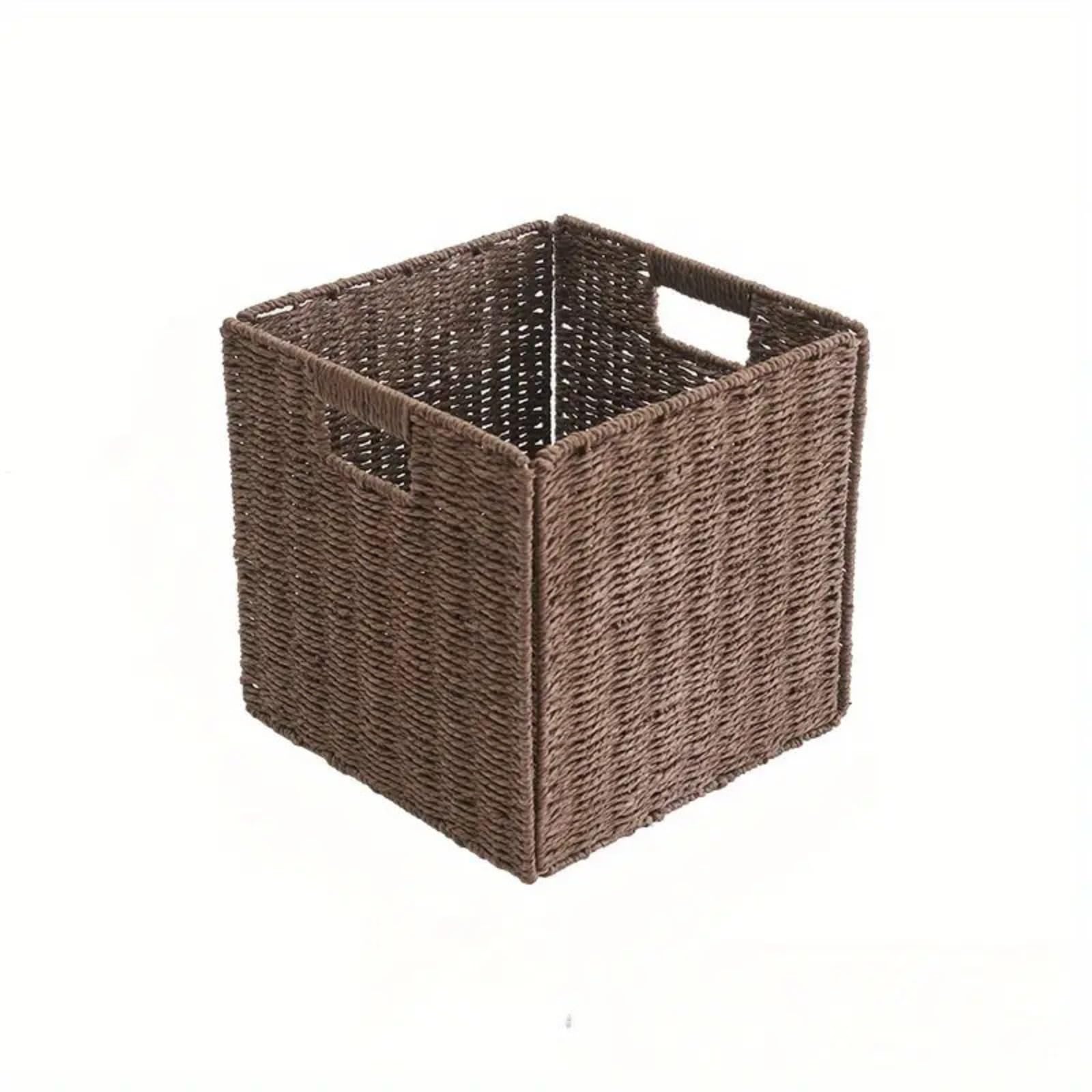 Moedweuo Brown Foldable Faux Wicker Storage Baskets With Handles For Shelves