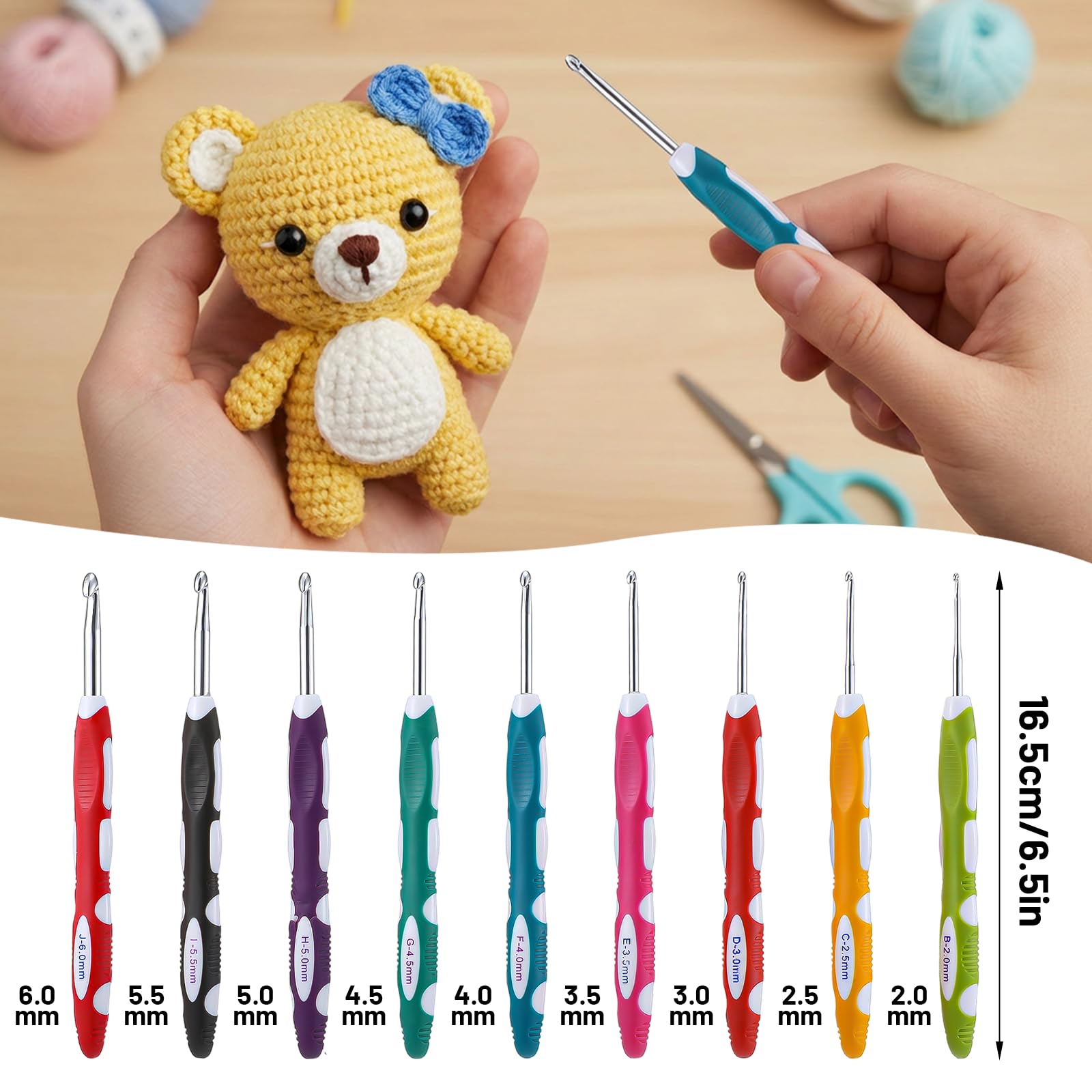 SULIKJHUI 9 Pcs Ergonomic Crochet Hooks with Handle, Crochet Hook Set Ergonomic Soft Grip for Arthritis Crochets Hooks, 2.0-6.0mm (B-J) Stainless Steel, 6.5 Inch for Beginners & Seniors - 3