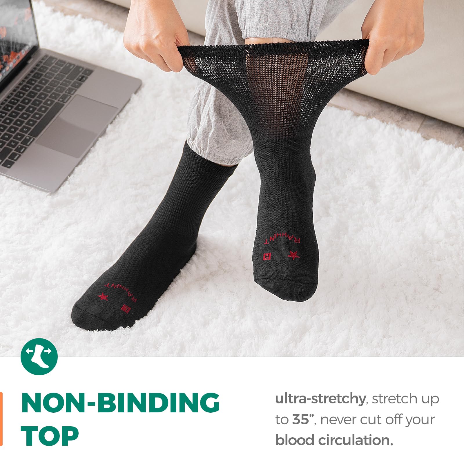Rahhint Calcetines de lana merino para diabéticos para hombres, calcetines de bambú para diabéticos, calcetines cálidos de invierno, acolchados gruesos, puños sin ataduras, puntera sin costuras,