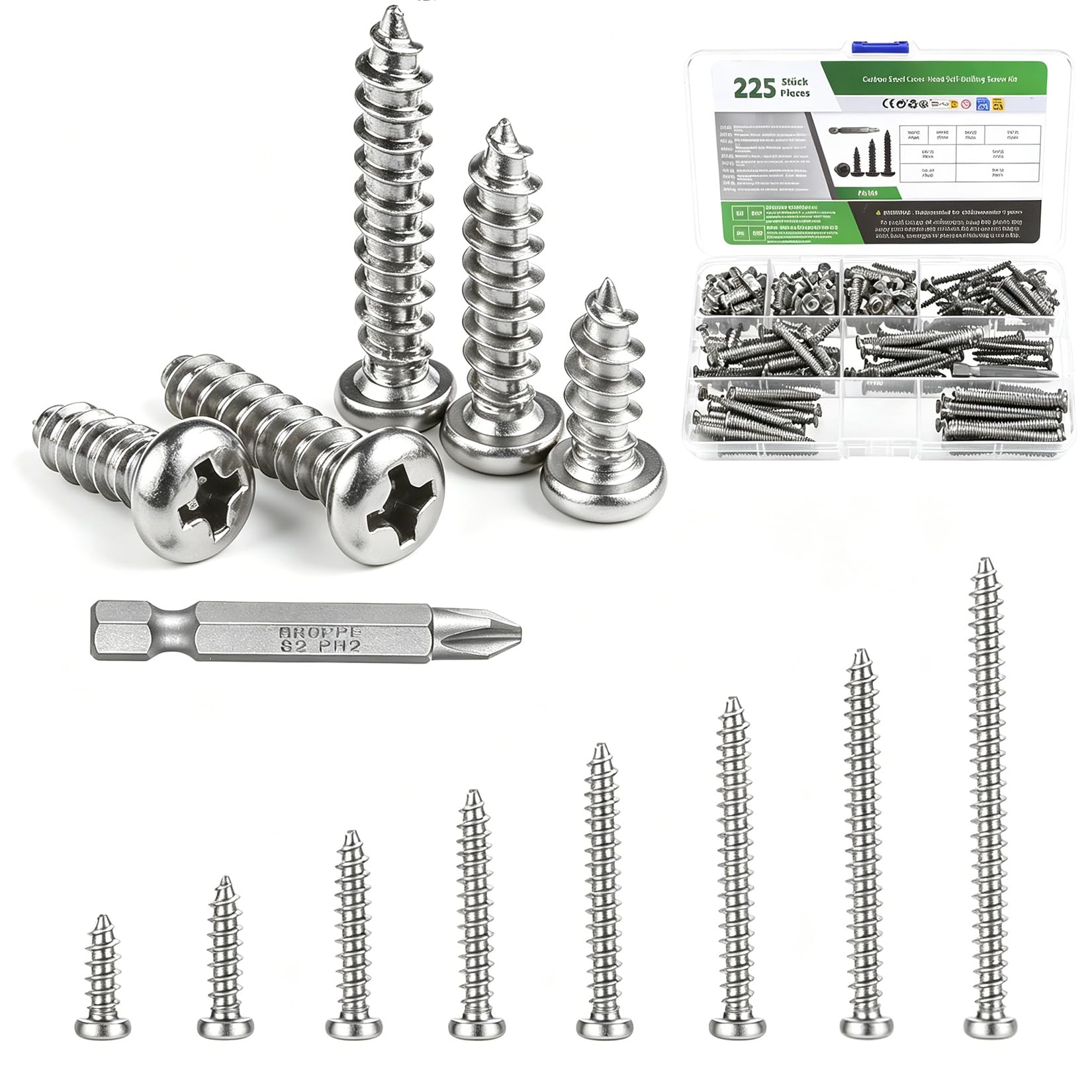 225 Pcs Self Tapping Screws Metal, M4 Wood Screws Assortment Set, Self Drilling Cross Round Head Sheet Metal Screw Set for DIY Metal Plastic Wood Repairs(Silver)