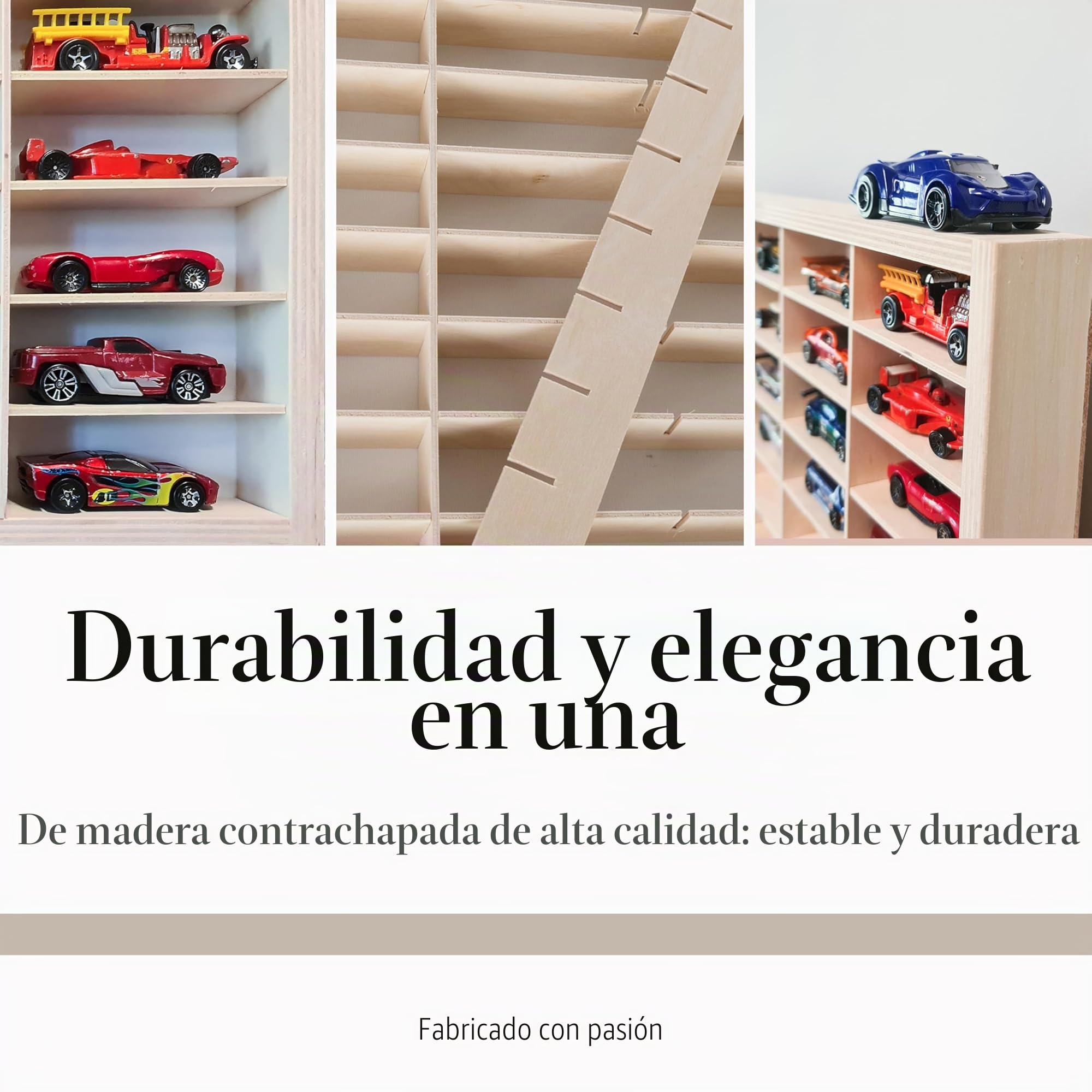 KRUZZEL - Estante de madera para coches de juguete con 80 compartimentos - Estante de pared para habitación infantil - Apilable y ajustable - Vitrina de coleccionista de madera - Caja expositora de
