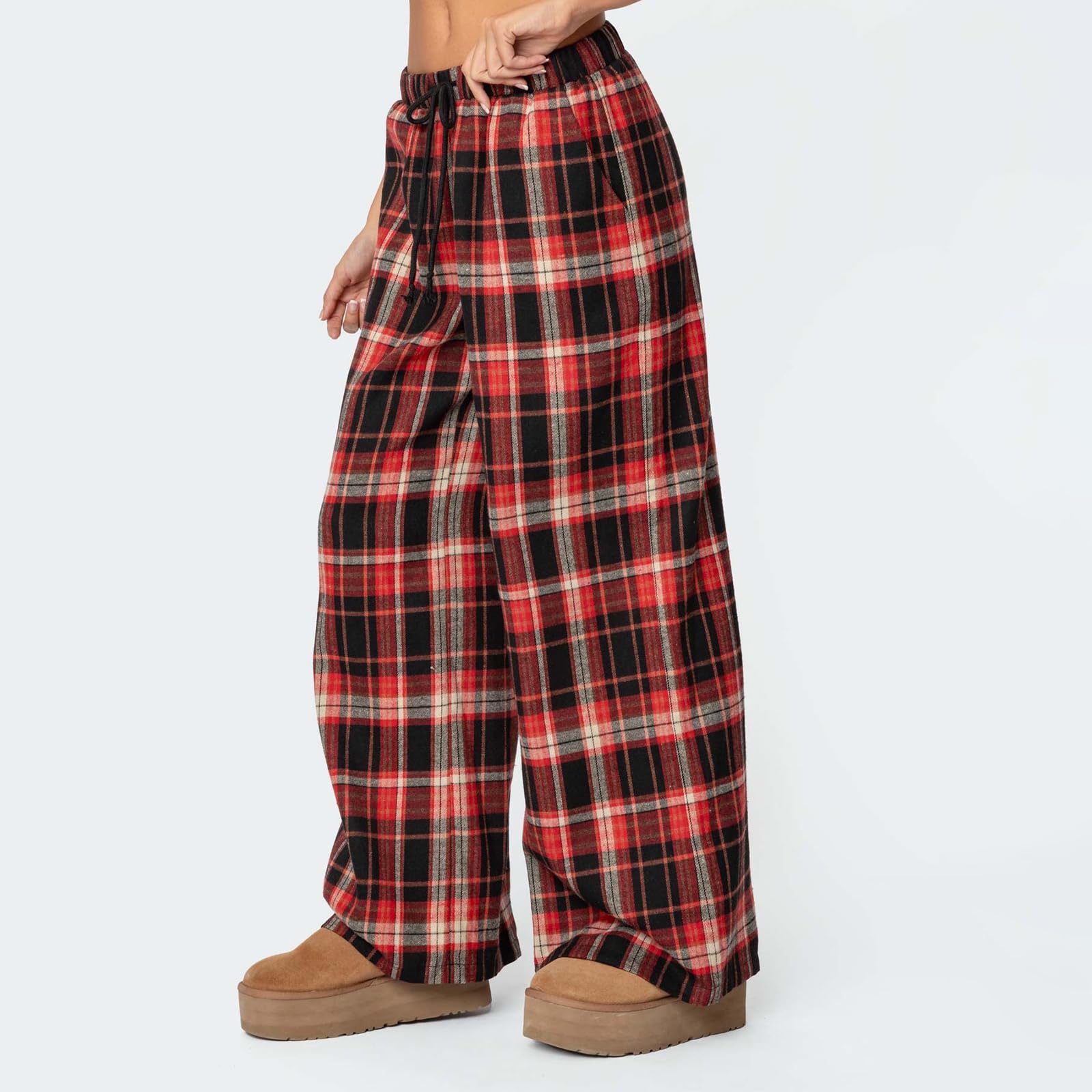 Sexy Outfit Pantalon de Salon à Jambes Larges pour Femmes, Confortable, Taille élastique, Baggy, à Carreaux, Palazzo, Ample, Cordon de Serrage, avec Poche