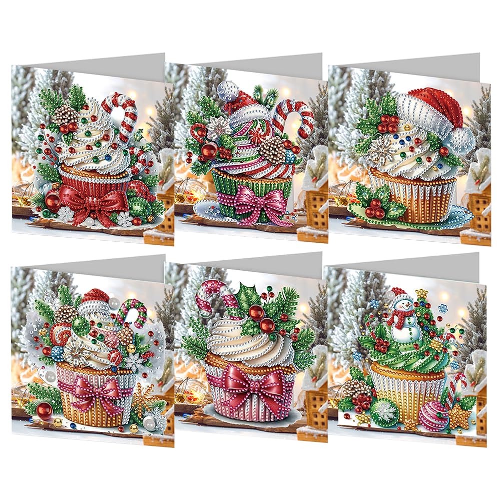 6 Pcs 5D DIY Christmas Diamond Painting Greeting Cards, Christmas Elements Diamond Art Cards, Round Drill Crystal Craft Card, Rhinestone Painting Card Kit for Family Friend Handmade Gift-29