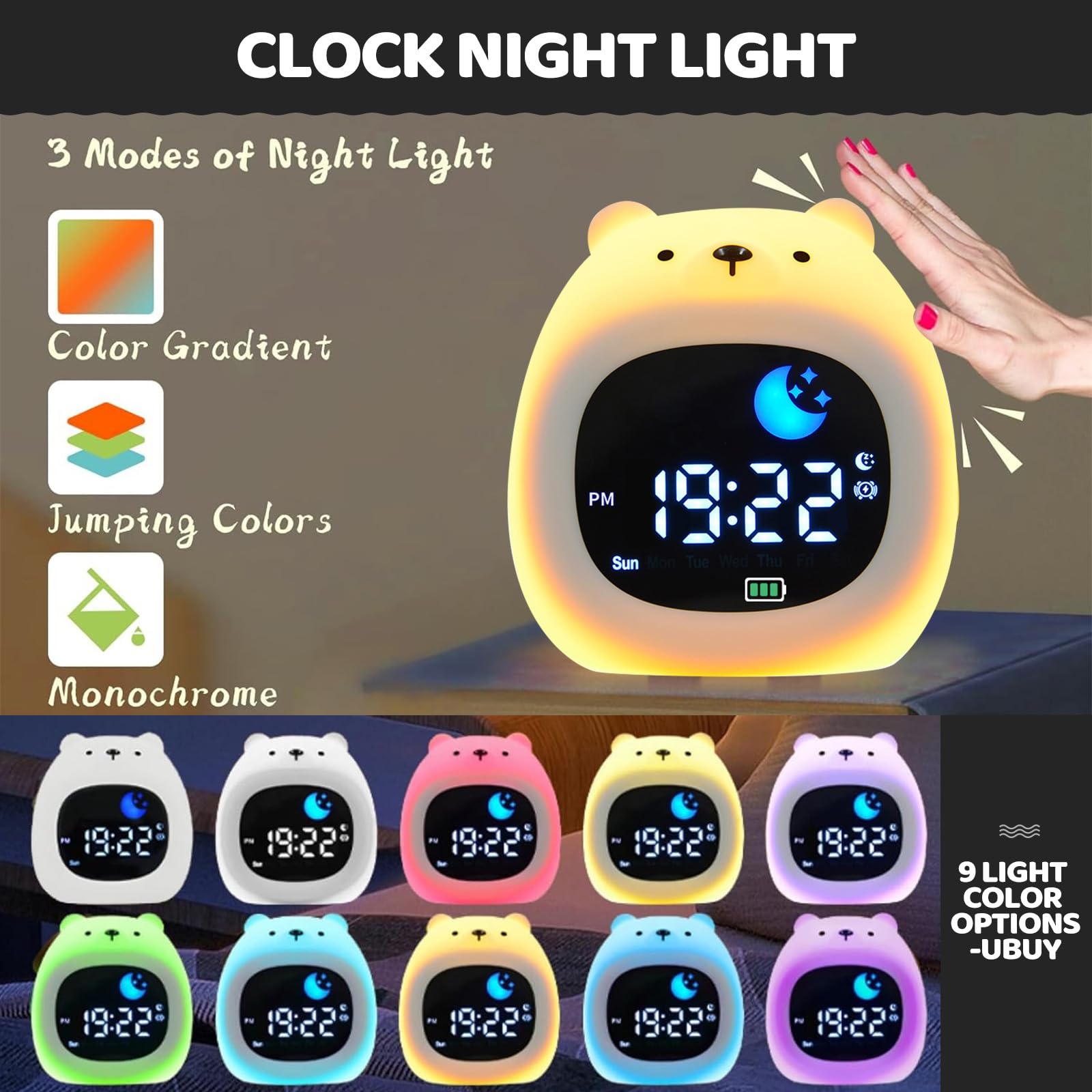 Kids Bear Alarm Clock with Night Light, 18 to 32h Rechargeable Silicone Lamp OK to Wake Clock with White Noise - Image 3