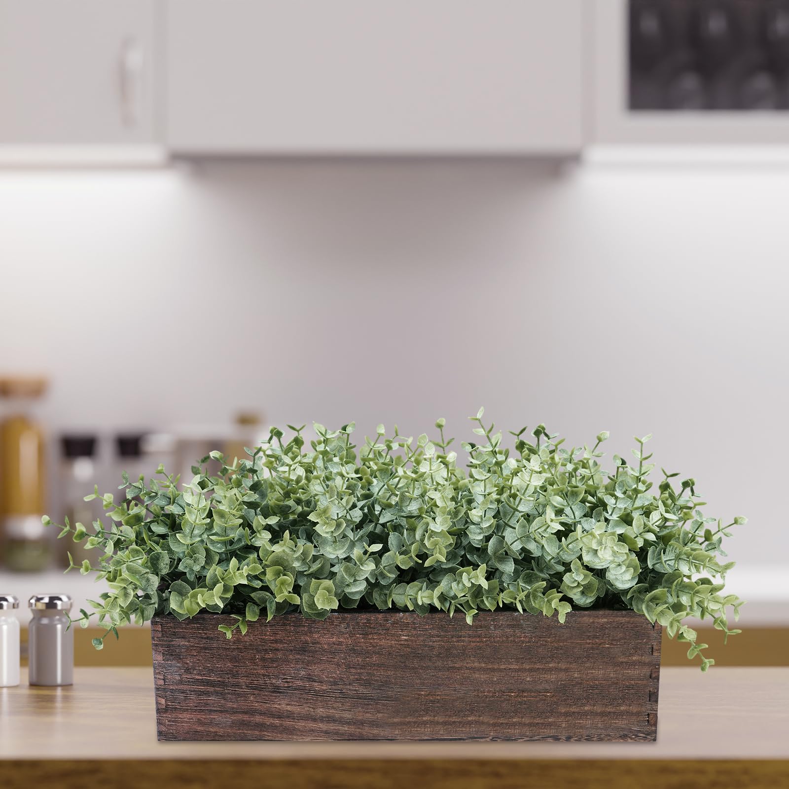 Eucalipto artificial de 14 pulgadas en maceta rectangular de madera, arreglo de plantas sintéticas, planta de eucalipto en maceta de madera para granja, boda, comedor, centro de mesa, 8