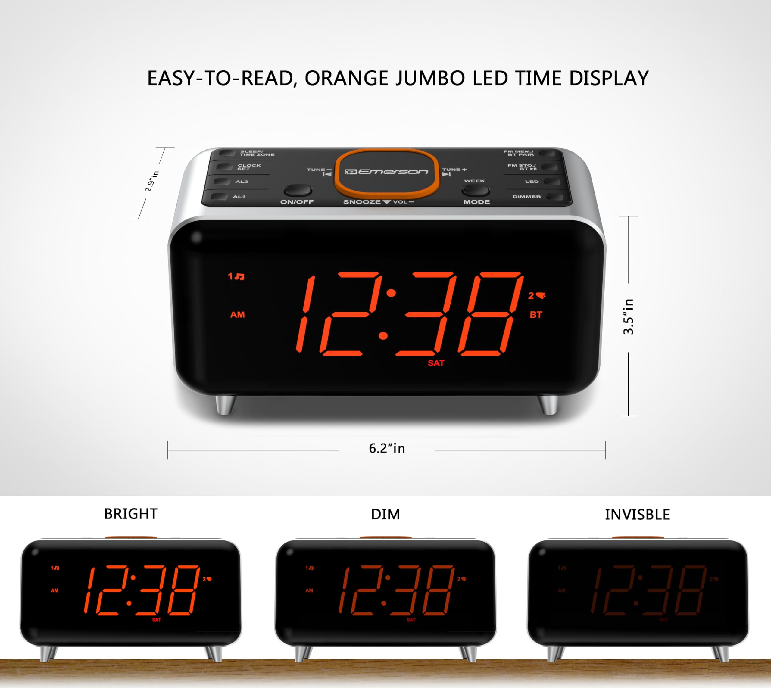 Emerson CKS1521-A SmartSet Radio Sveglia Bluetooth Dual con Display LED Arancione da 1,4", Regolazione automatica dell'ora, caricatore del telefono USB, radio FM, ingresso AUX, dimmer automatico e