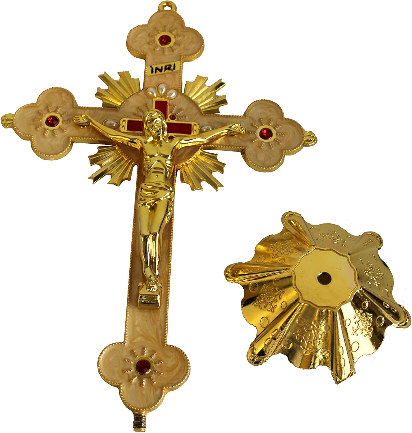 Holy Land Market Altar Table Crucifix - Church or Home Decor - Enamel Ornamented (12 Inch, Golden/White and Red)